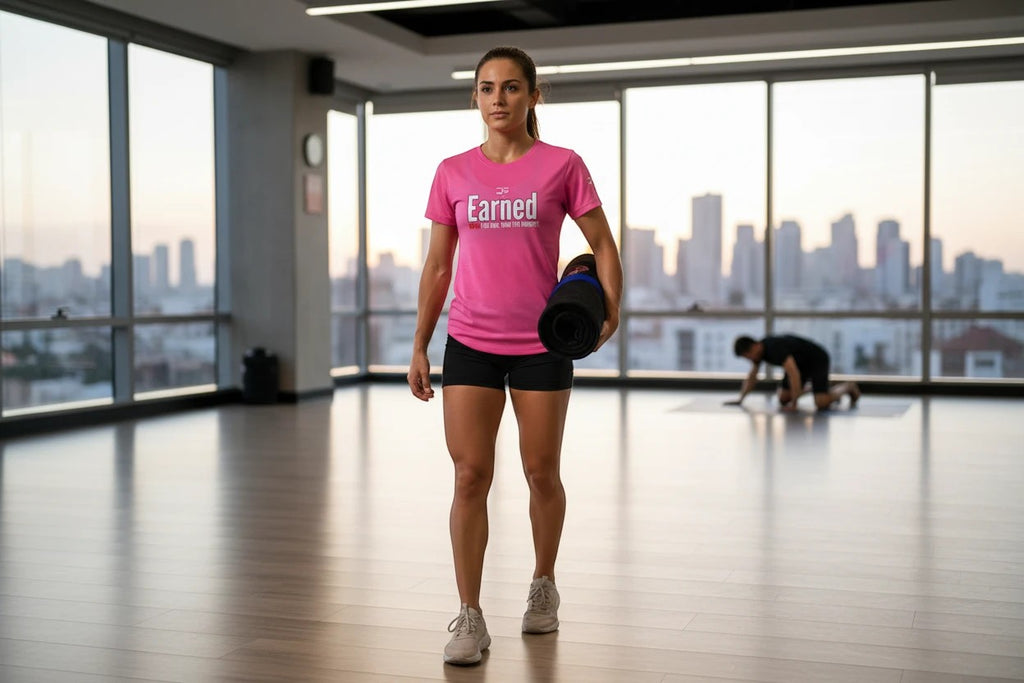 Roll Gear women's pink cotton-elastane blend t-shirt with Earned Not Given Legacy Edition branding.
