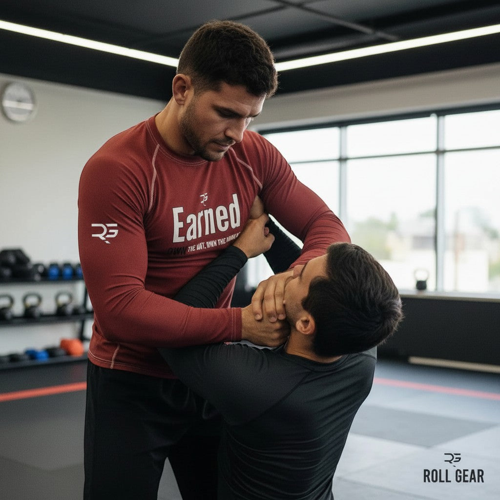 Roll Gear men's long sleeve rash guard in deep red with white "Earned" graphic, athletic fit, moisture-wicking fabric.