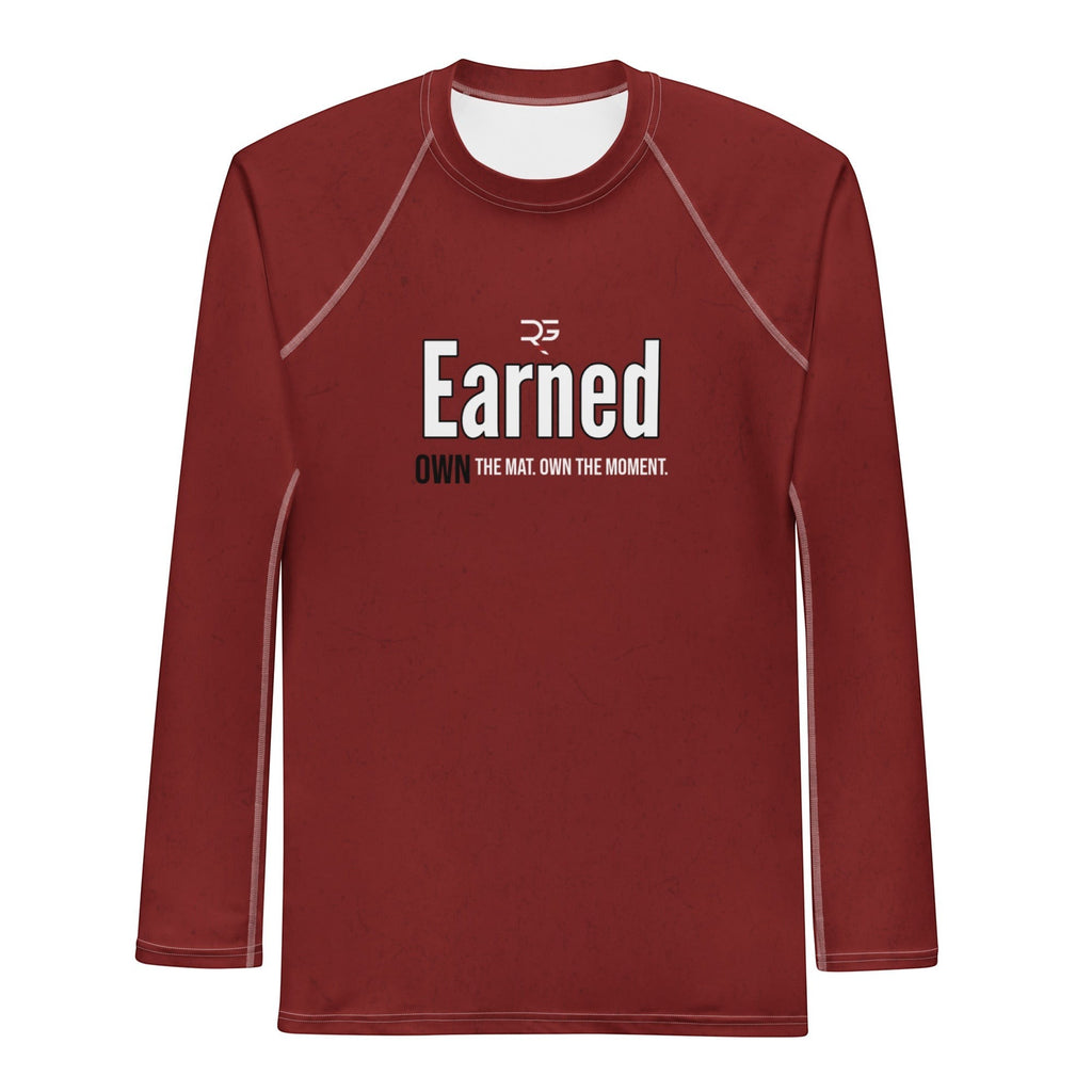 Roll Gear Earned Not Given men's long sleeve rash guard in deep red with white text graphic.