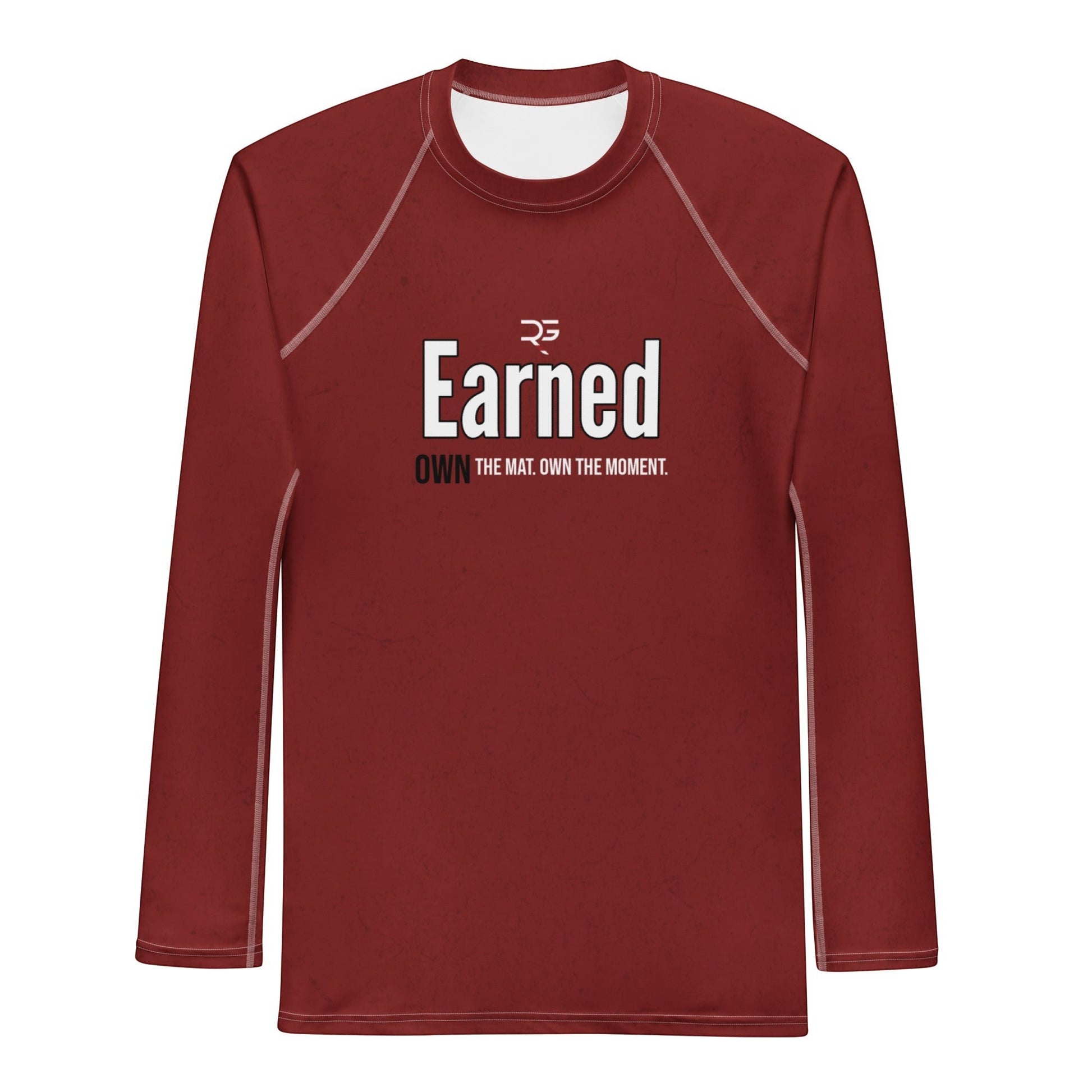 Roll Gear Earned Not Given men's long sleeve rash guard in deep red with white text graphic.