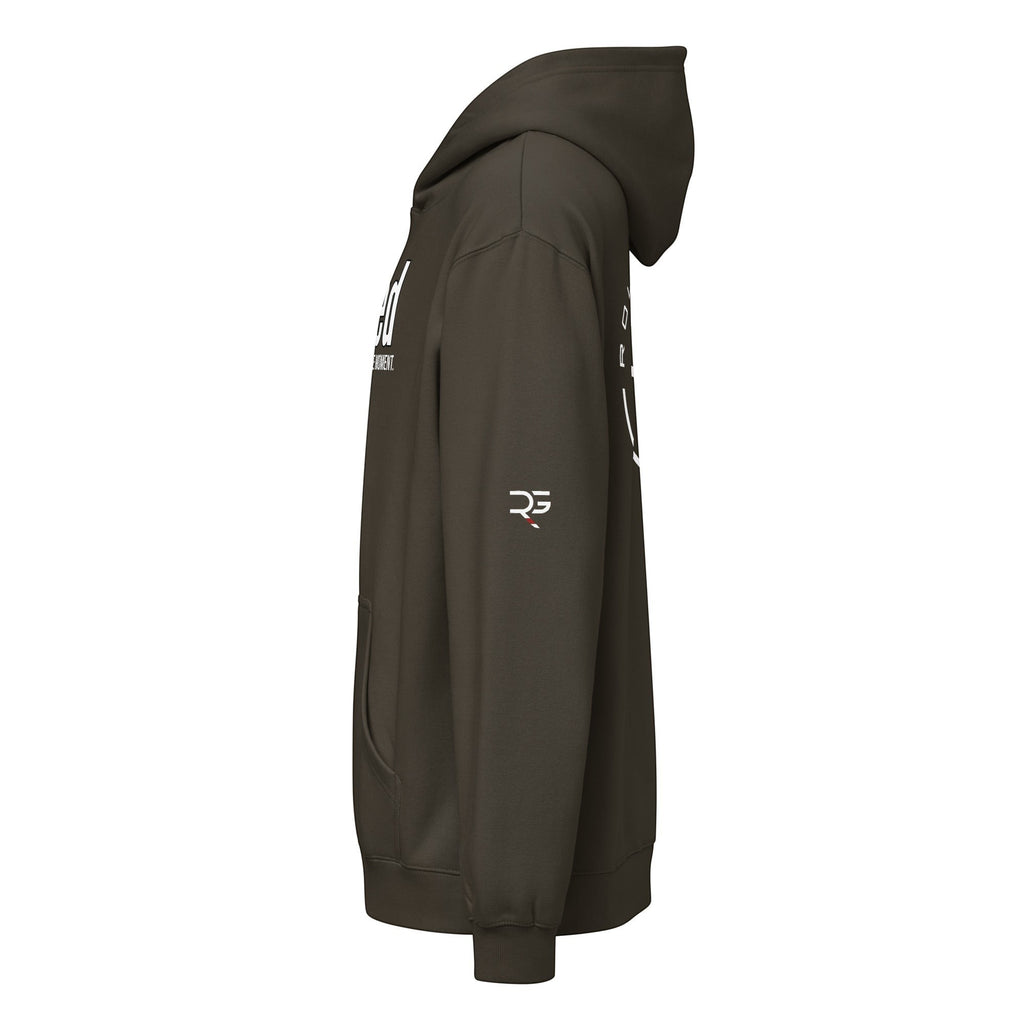 Roll Gear Earned Not Given Legacy Edition brown hooded sweatshirt with white text and logo on sleeve.