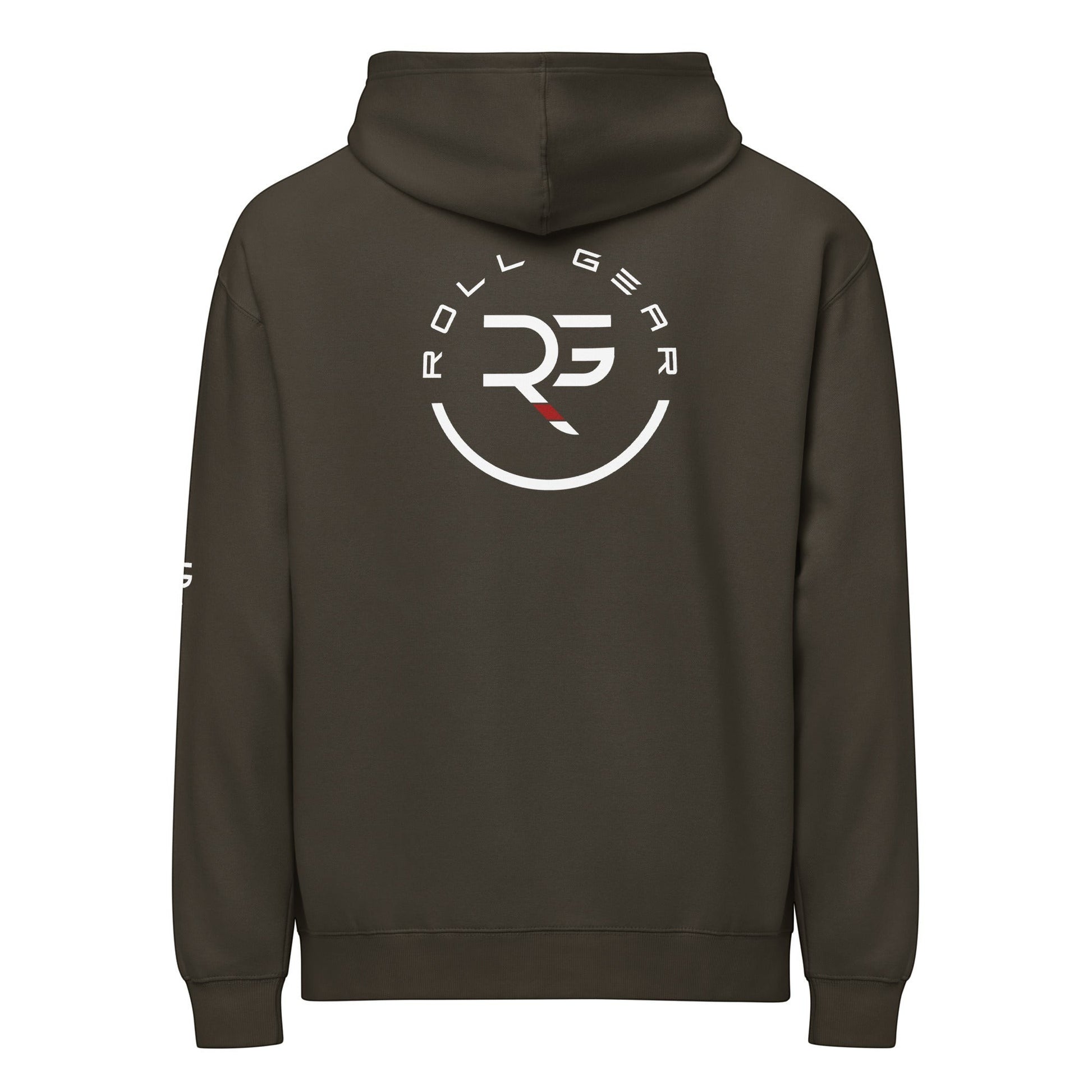 Roll Gear Earned Not Given Legacy Edition sweatshirt in dark brown with circular logo on back.