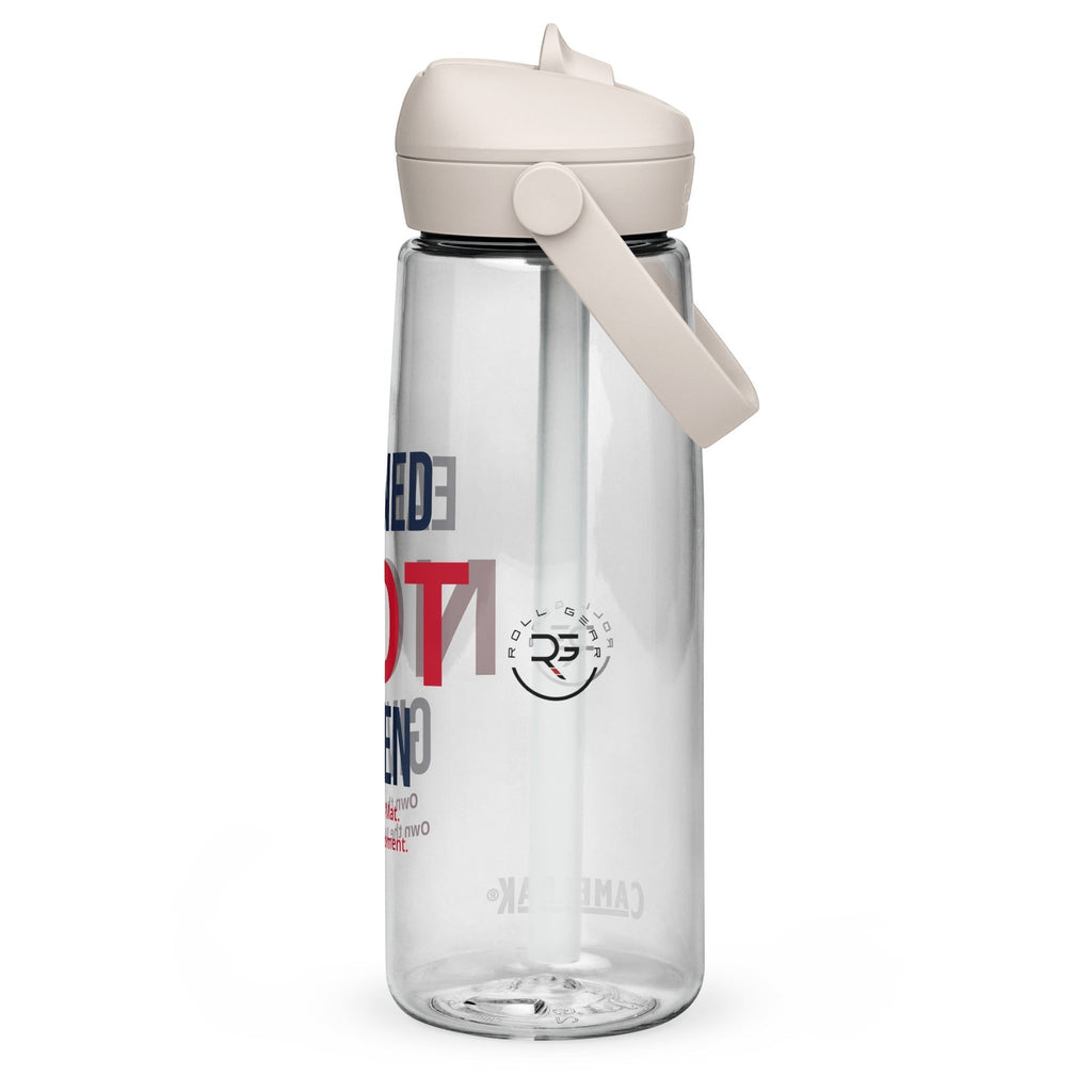 Roll Gear clear 25 oz water bottle with beige lid and handle, featuring "Earned Not Given" text and logo.