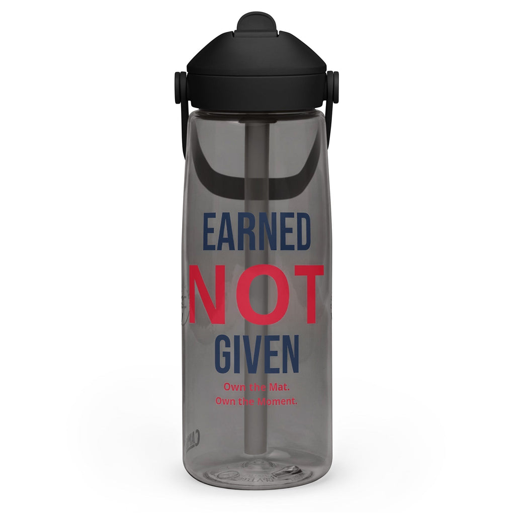 Roll Gear 25 oz water bottle with black lid and straw, featuring "EARNED NOT GIVEN" in navy and red text.