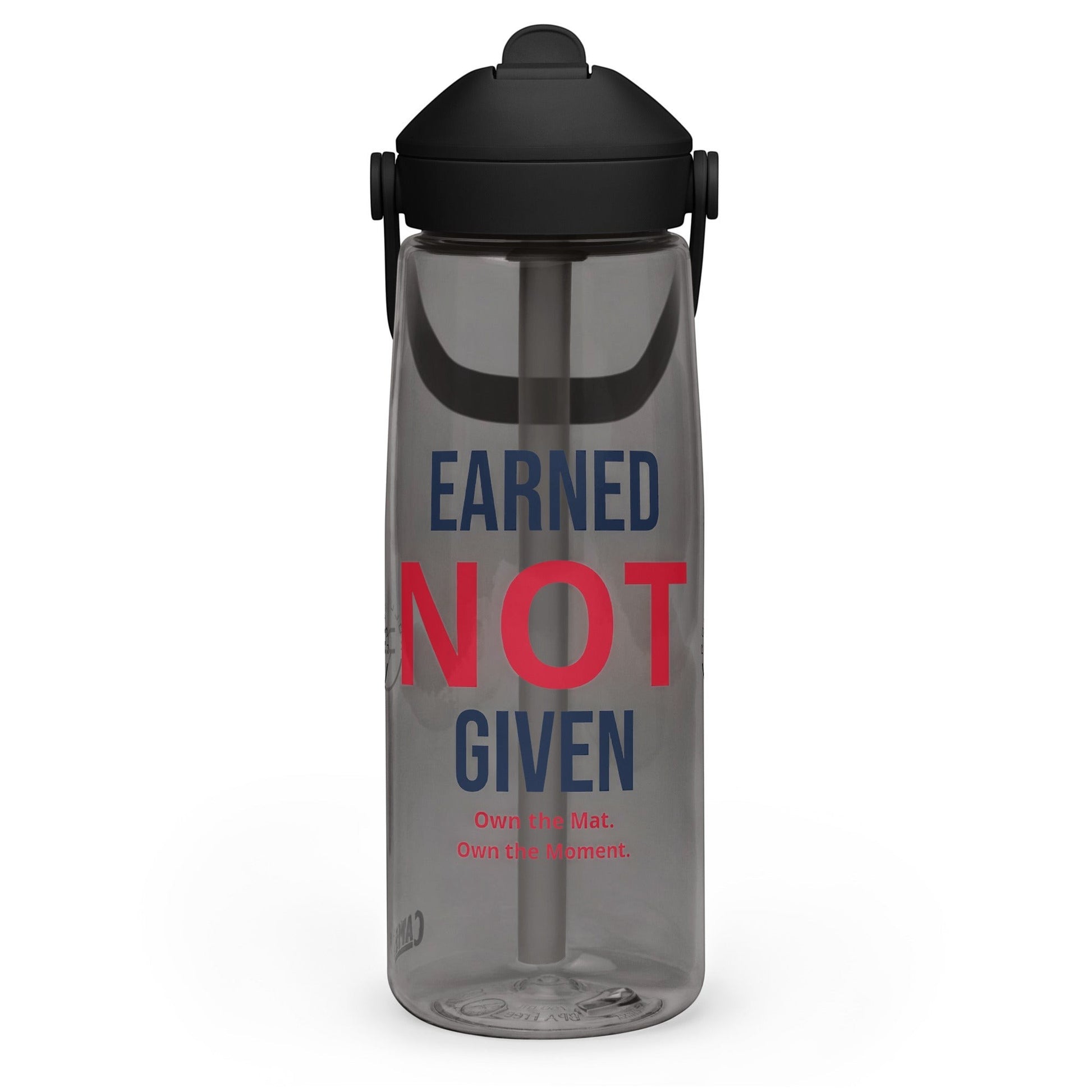 Roll Gear 25 oz water bottle with black lid and straw, featuring "EARNED NOT GIVEN" in navy and red text.
