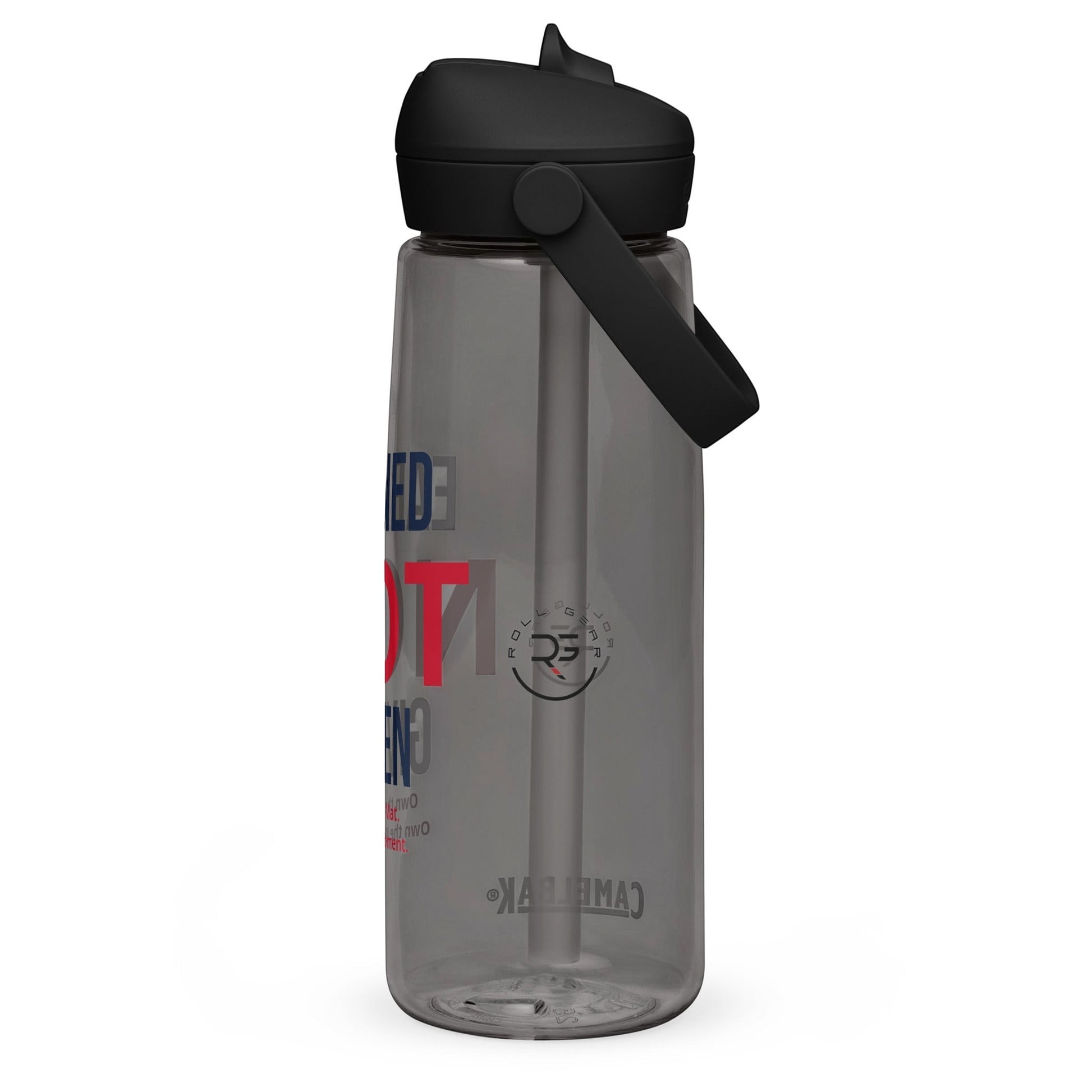 Roll Gear 25 oz transparent grey water bottle with black lid and handle, featuring "Earned Not Given" text.
