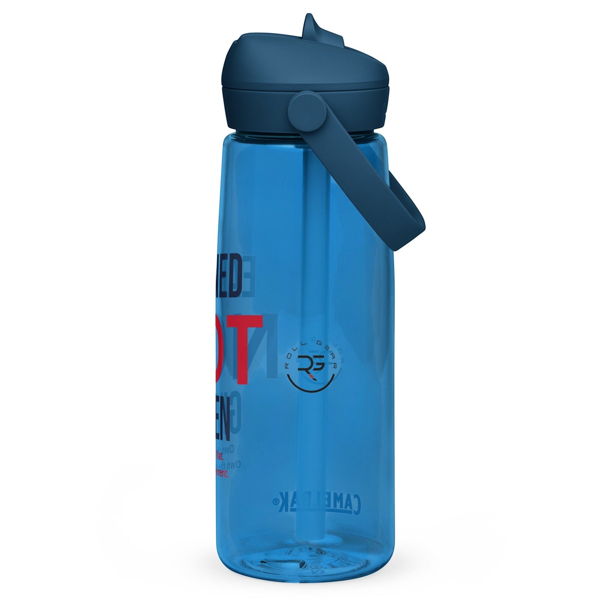 Roll Gear blue 25 oz water bottle with "Earned Not Given" text and secure lid. Ideal for athletes.