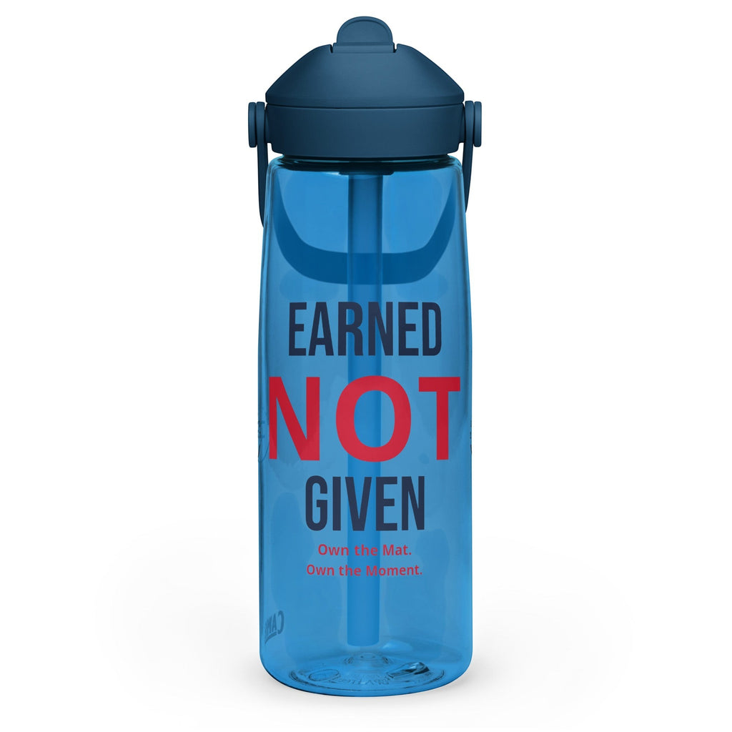 Roll Gear blue 25 oz water bottle with "Earned Not Given" text in red and black. Features a secure lid and straw.