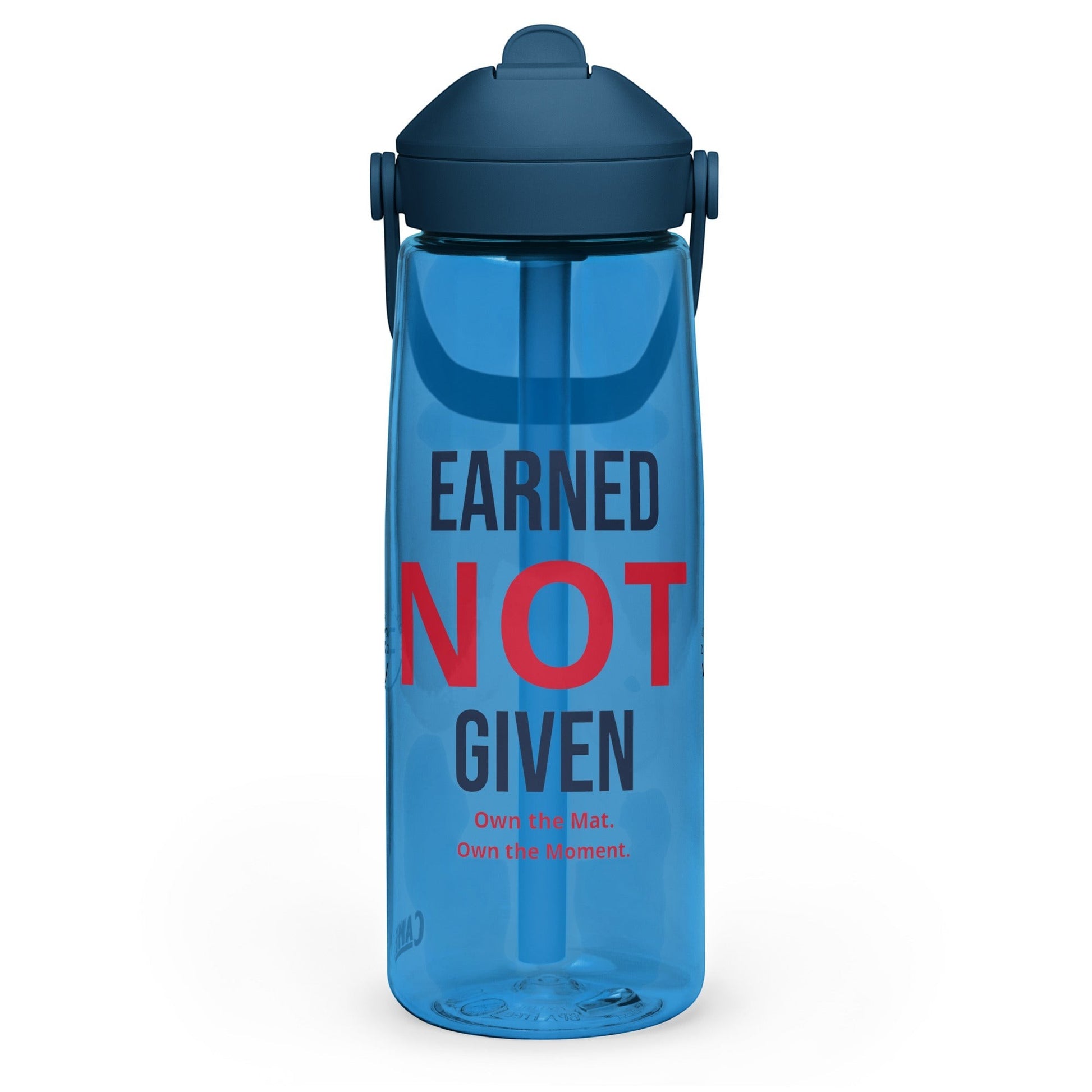 Roll Gear blue 25 oz water bottle with "Earned Not Given" text in red and black. Features a secure lid and straw.