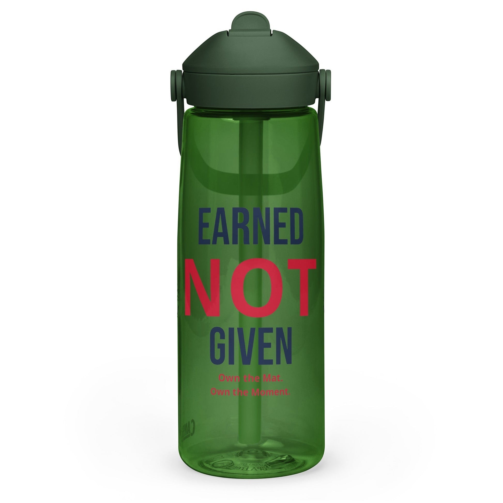 Roll Gear 25 oz green water bottle with "Earned Not Given" text in navy and red, and smaller text "Own the Mat. Own the Moment."