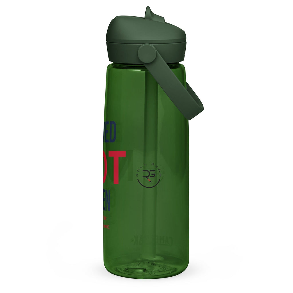 Roll Gear 25 oz green water bottle with dark green lid and handle, featuring "Earned Not Given" text.