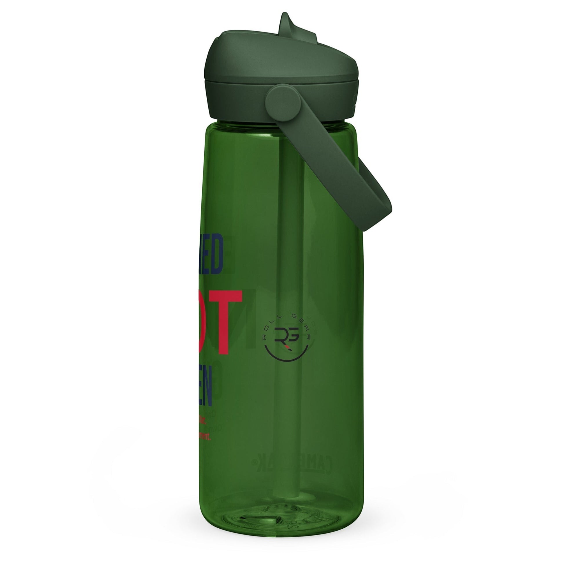 Roll Gear 25 oz green water bottle with dark green lid and handle, featuring "Earned Not Given" text.