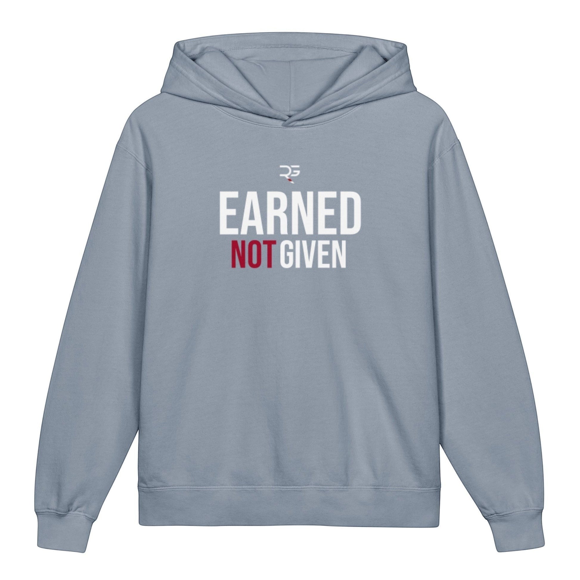 Roll Gear youth hoodie in light blue, 100% cotton, featuring "EARNED NOT GIVEN" graphic on back and logo on front.