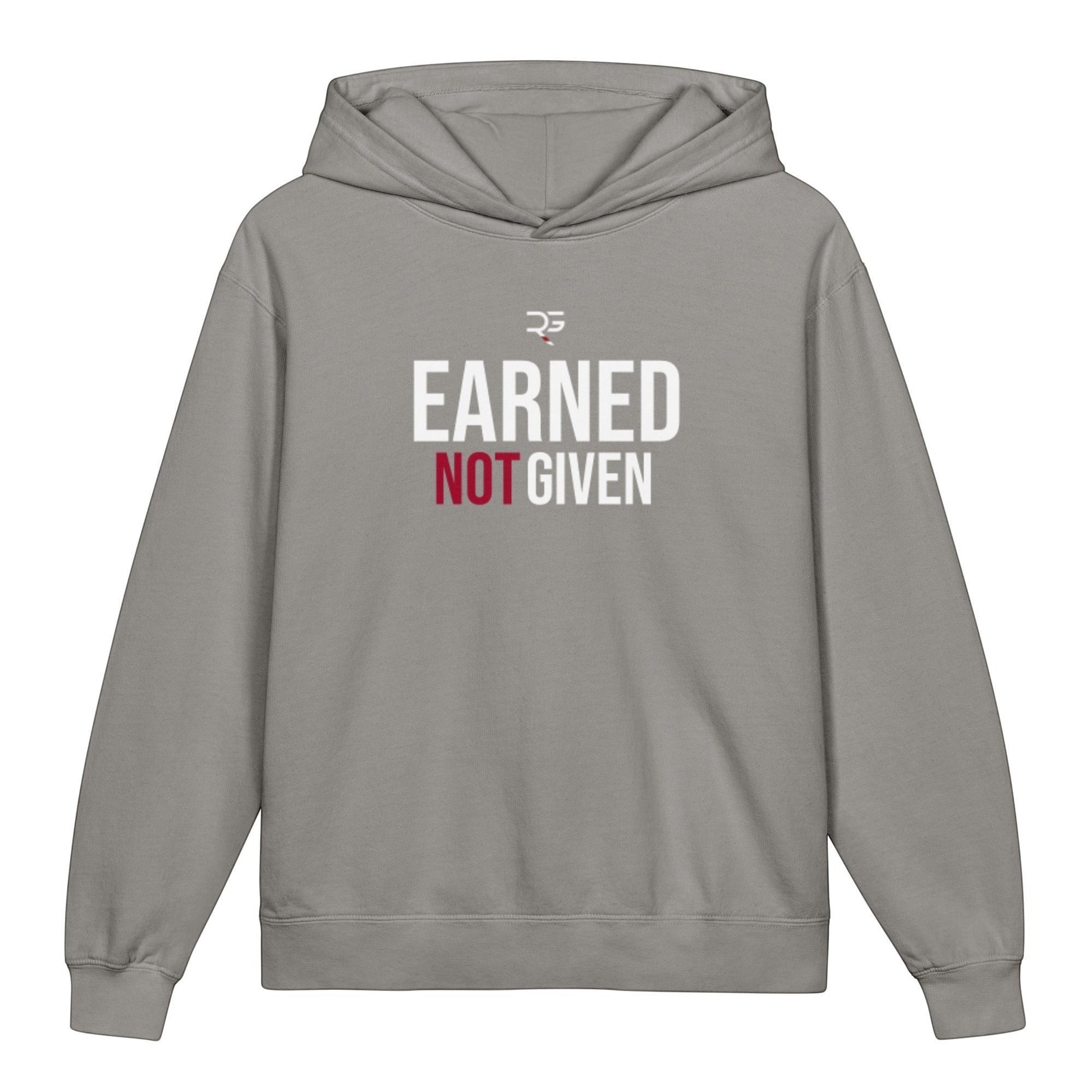 Roll Gear youth hoodie in grey, 100% cotton, featuring "EARNED NOT GIVEN" graphic on back and logo on front.