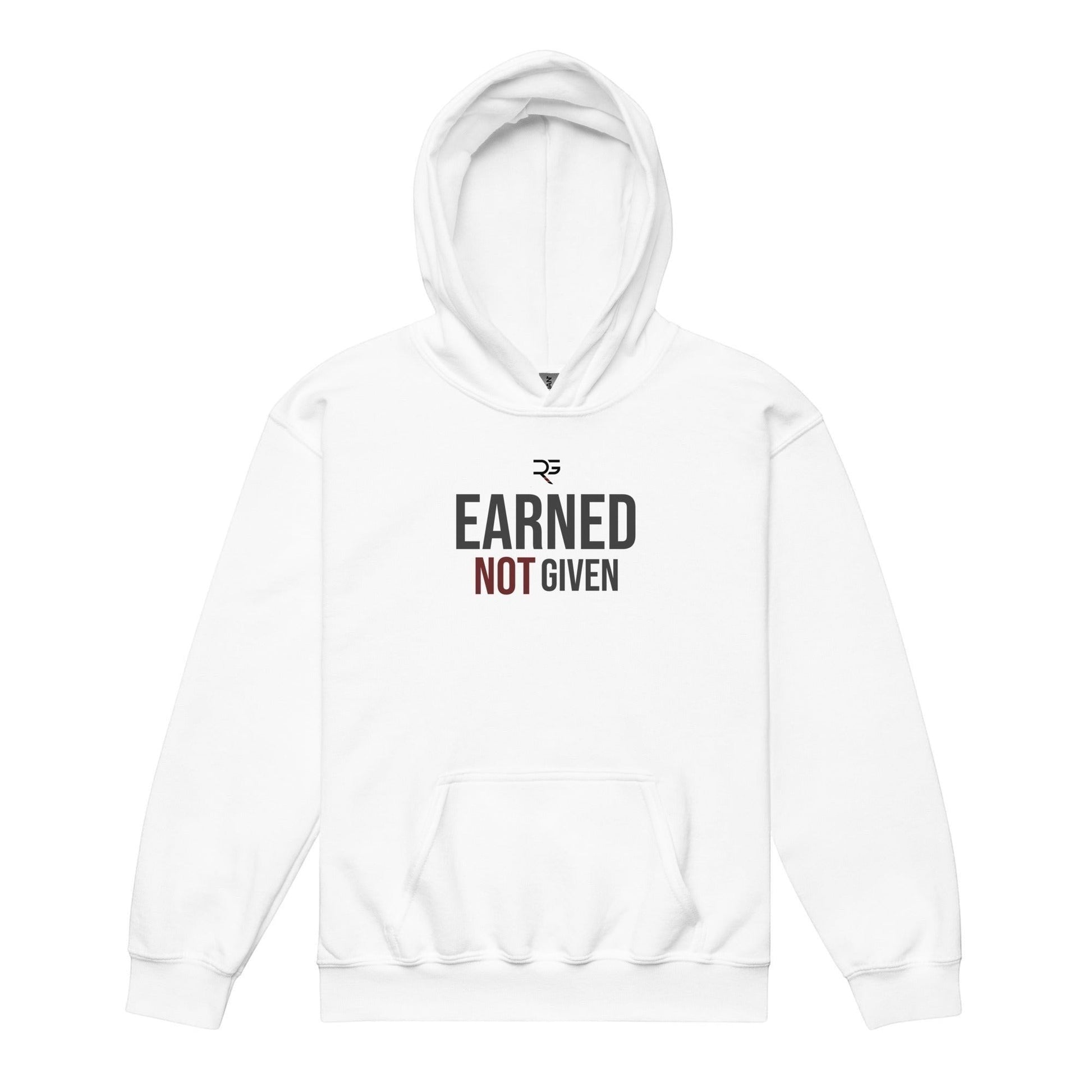 Roll Gear white youth heavyweight hoodie with "EARNED NOT GIVEN" graphic print and front pouch pocket.