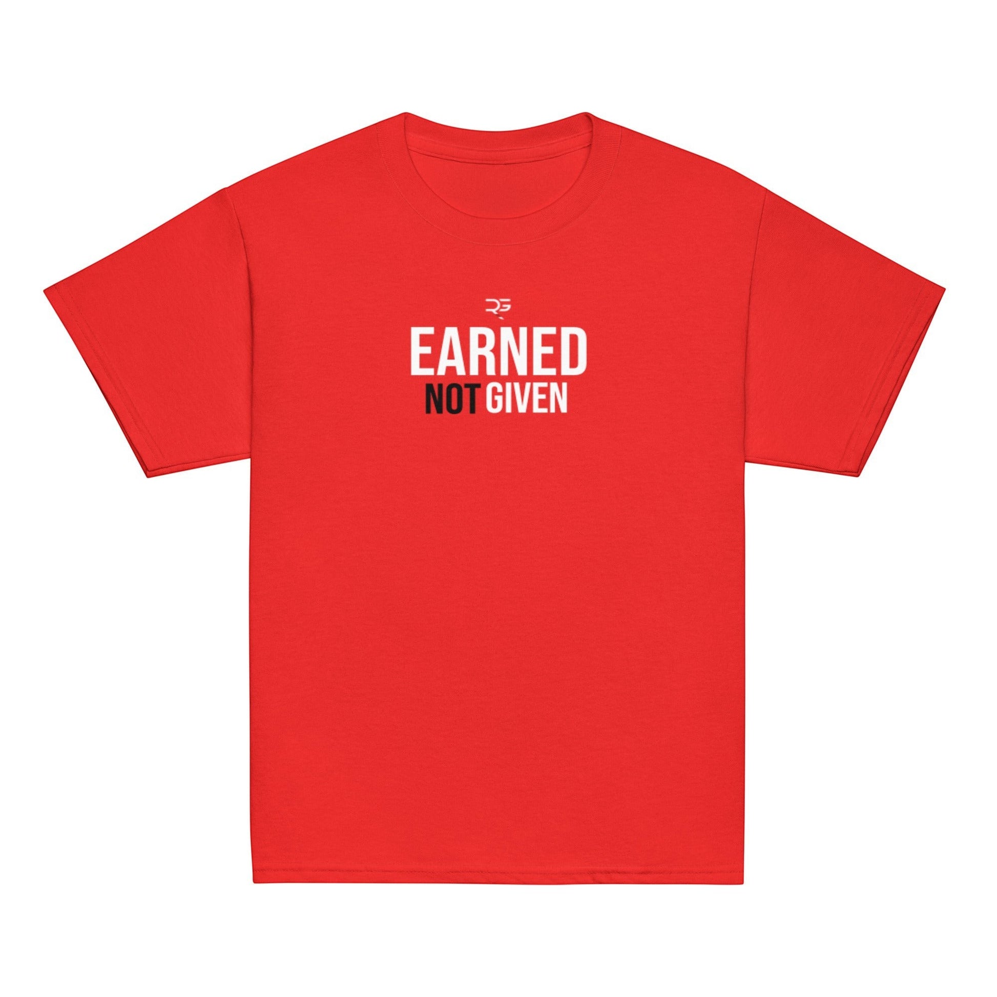 Roll Gear red 100% cotton youth t-shirt with "EARNED NOT GIVEN" graphic print. Unisex classic fit.