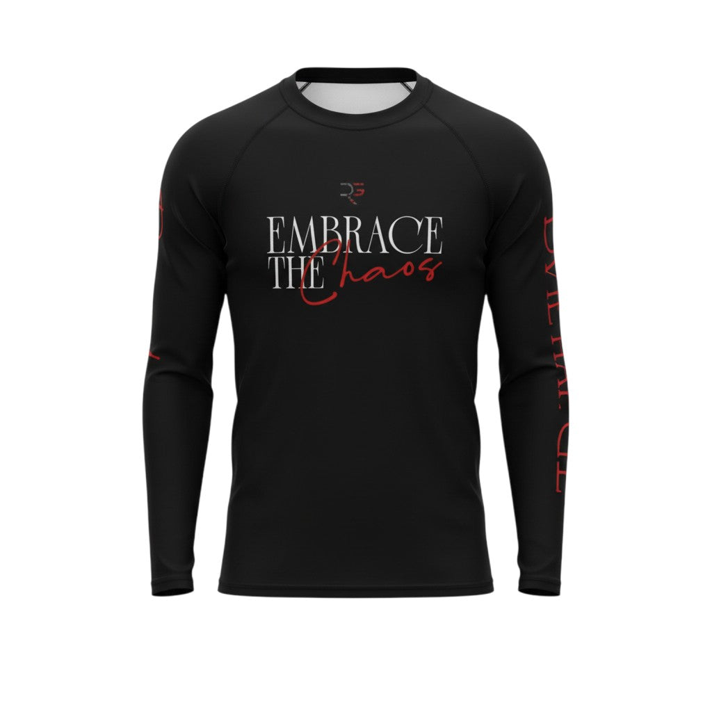 Roll Gear black long sleeve performance rash guard with "Embrace the Chaos" graphic and red accents.