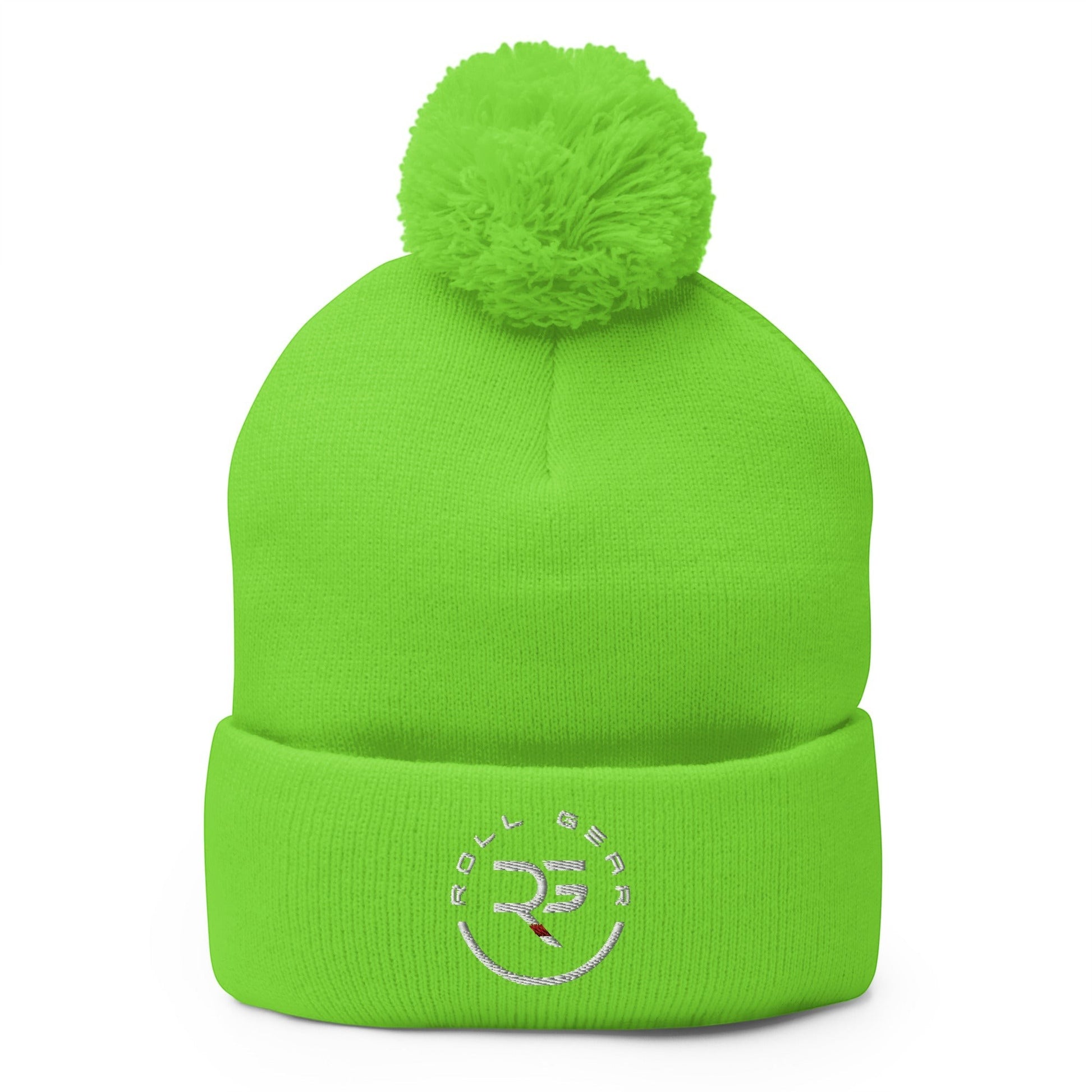 Roll Gear embroidered neon green acrylic pom pom beanie hat for winter warmth and style.