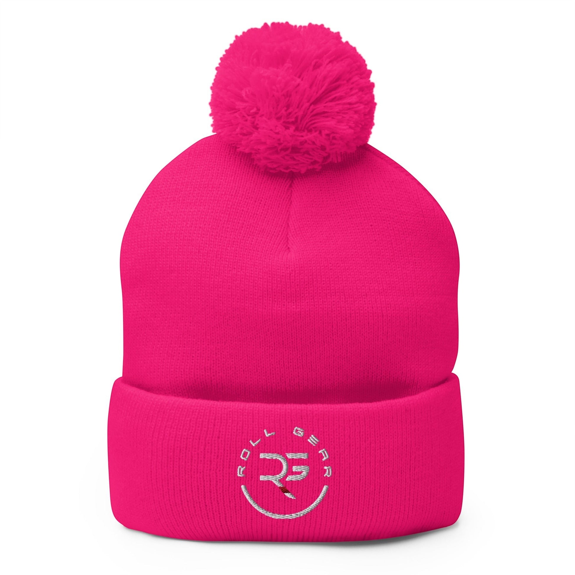Roll Gear embroidered hot pink acrylic knit pom pom beanie hat
