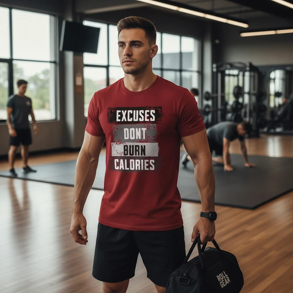 Roll Gear men's red cotton t-shirt with "Excuses Don't Burn Calories" graphic, athletic fit, gym wear