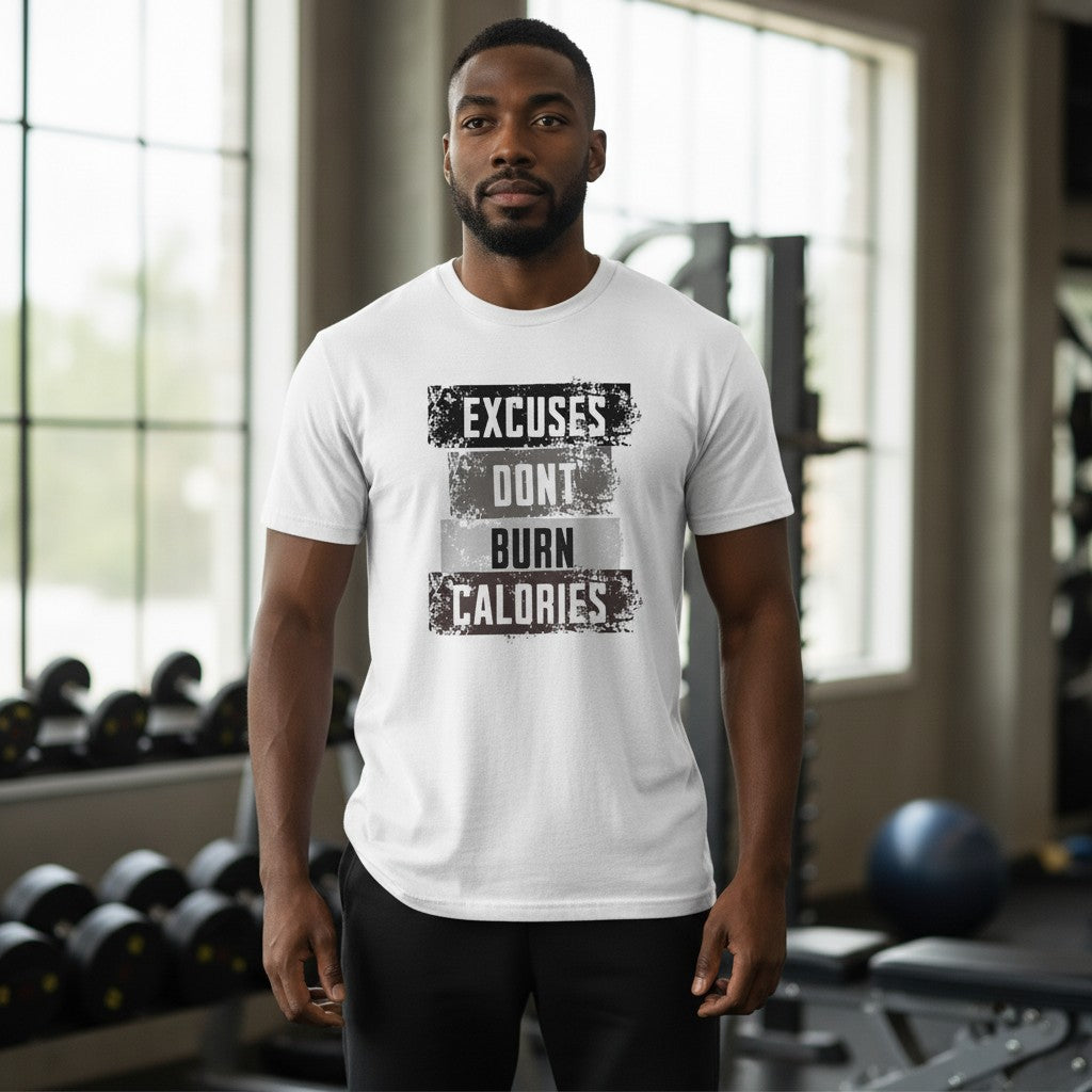 Roll Gear white 100% cotton heavyweight t-shirt with "Excuses Dont Burn Calories" graphic print.