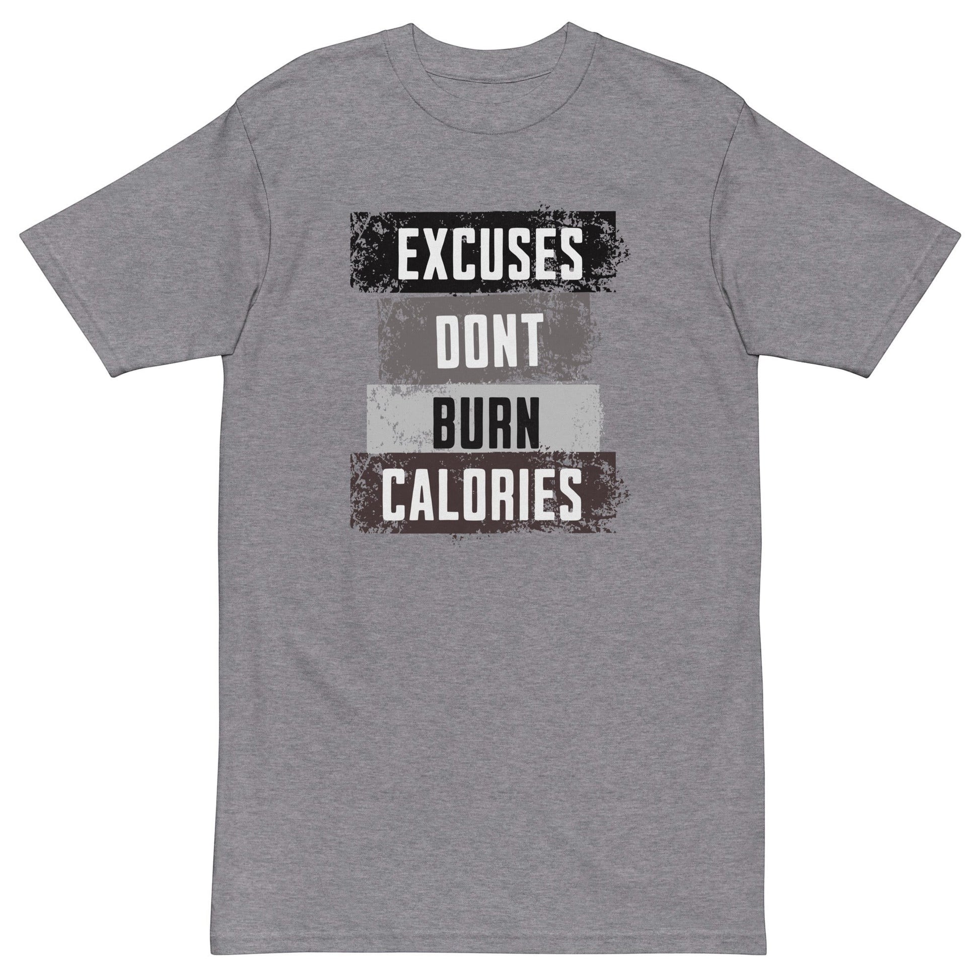 Roll Gear grey 100% cotton t-shirt with "Excuses Dont Burn Calories" graphic print. Athletic fit.