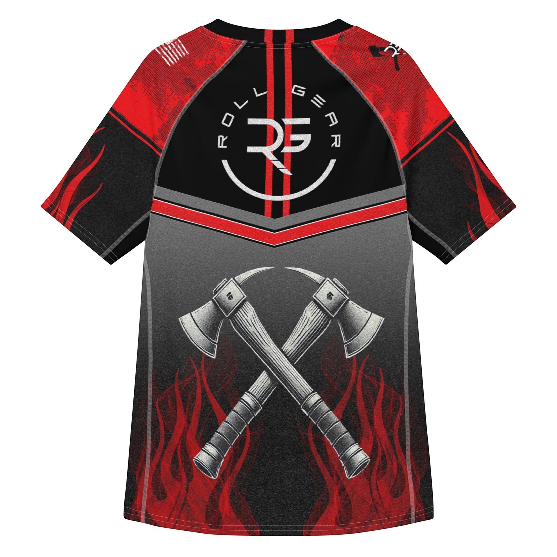 Roll Gear Unisex Fire Department Edition short sleeve rash guard in red, black, and smoke grey with crossed axes and flame graphics.