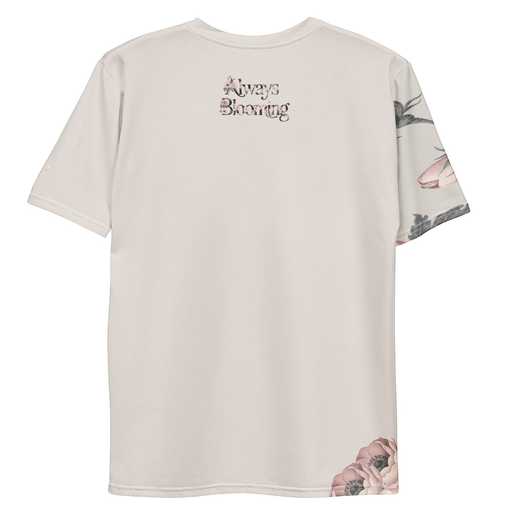 Roll Gear athletic t-shirt with delicate floral print on sleeves and hem, light beige fabric.