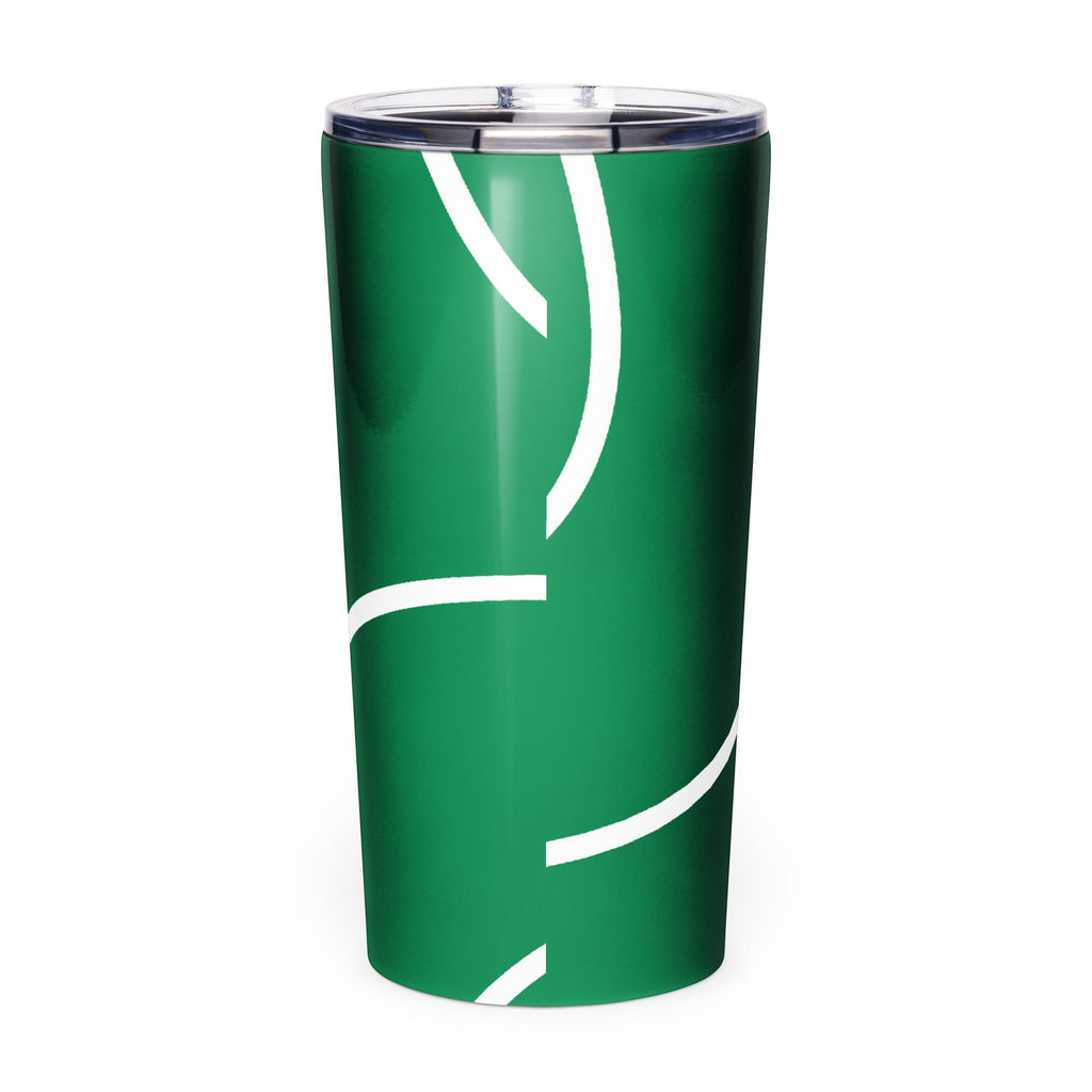 Roll Gear 20oz green stainless steel tumbler with white abstract lines and a clear lid.