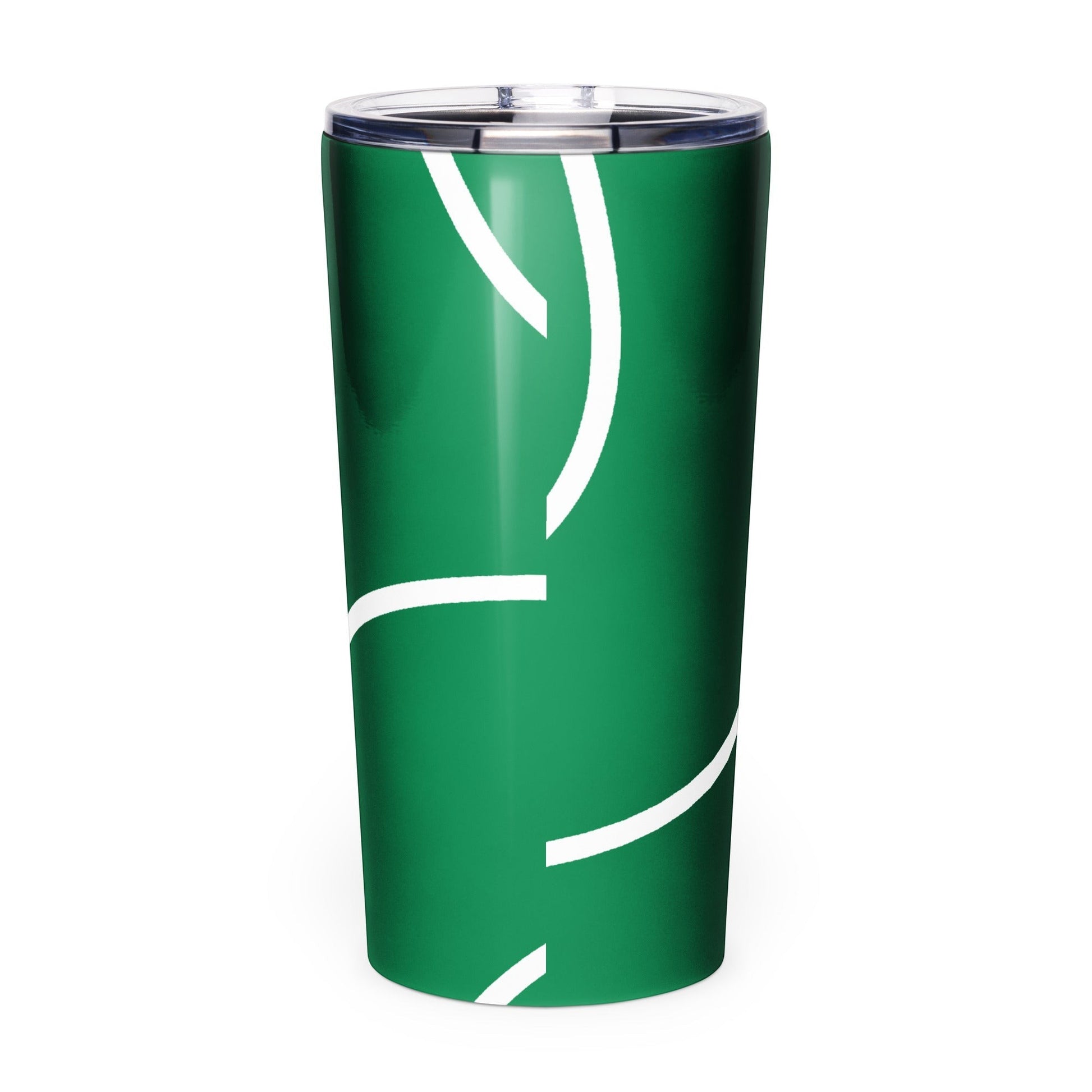Roll Gear 20oz green stainless steel tumbler with white abstract lines and a clear lid.