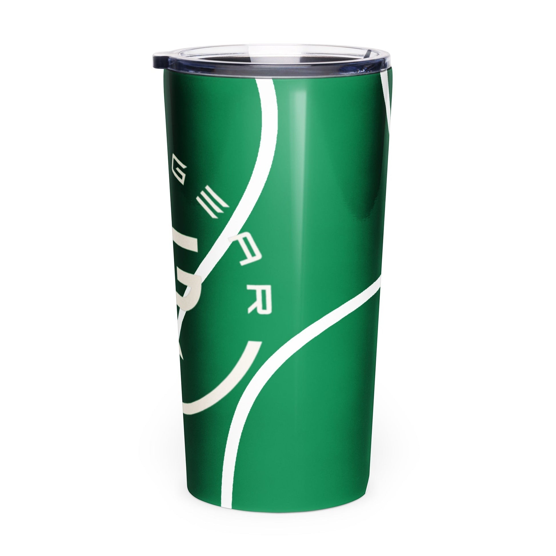 Roll Gear 20oz stainless steel tumbler with glossy green finish and white logo wrap. Insulated with spill-resistant lid.