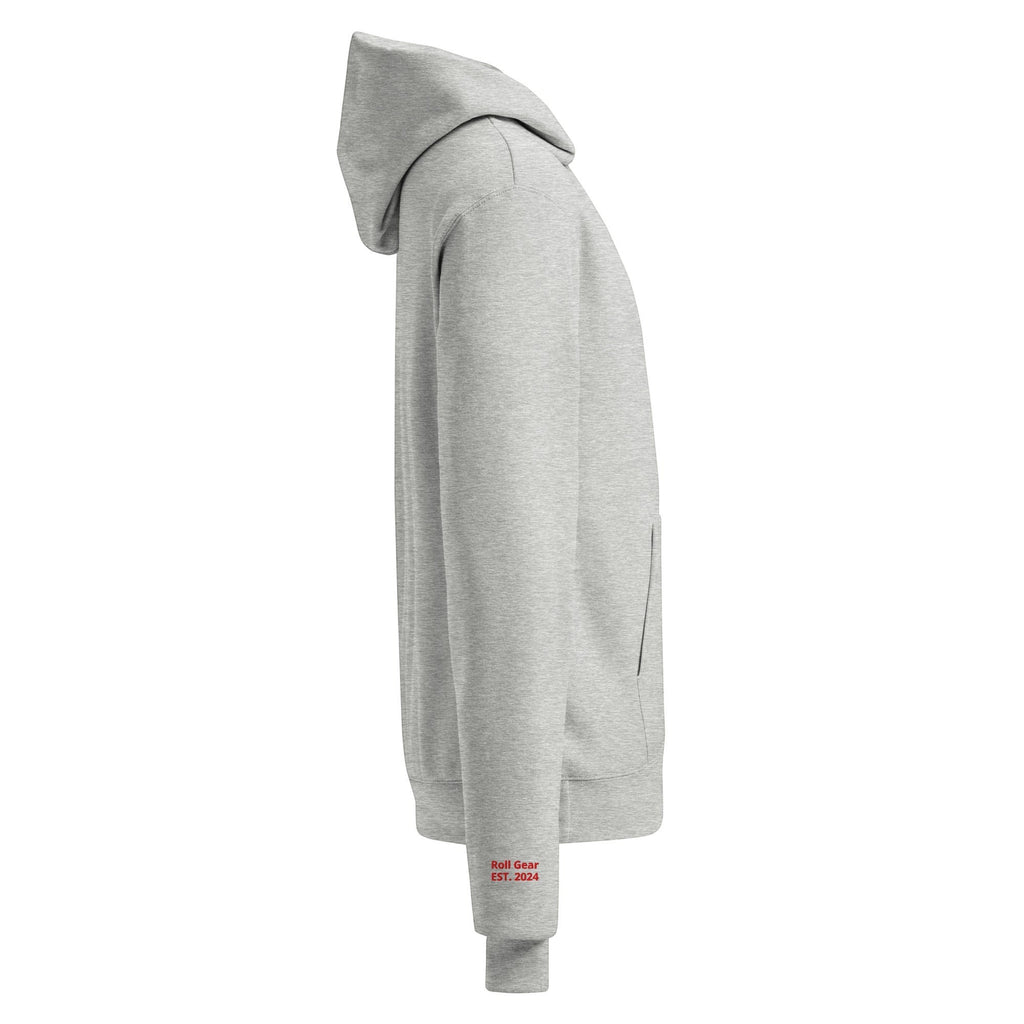 Roll Gear grey heather cotton-polyester blend hoodie with red embroidered logo on the sleeve.