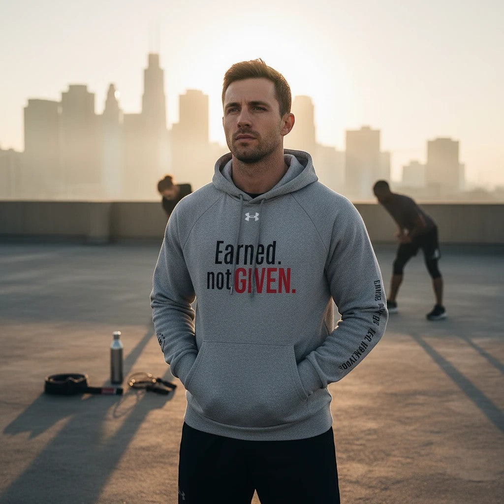Roll Gear grey cotton-poly blend hoodie with "Earned. not GIVEN." graphic on chest and sleeve detail. Unisex fit.