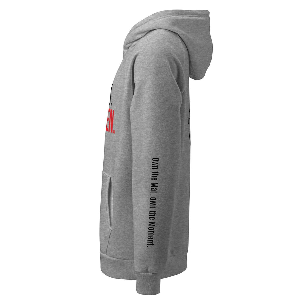 Roll Gear grey cotton-poly blend hoodie with front and sleeve logo prints. Unisex fit.