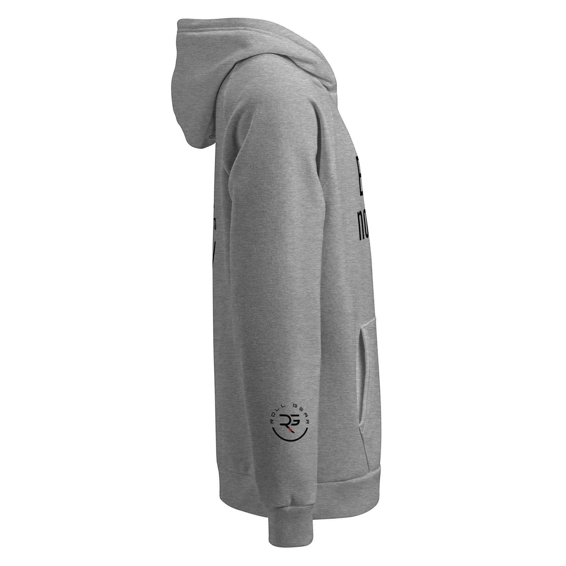 Roll Gear grey cotton-poly blend hoodie with front and sleeve logo prints, unisex fit.