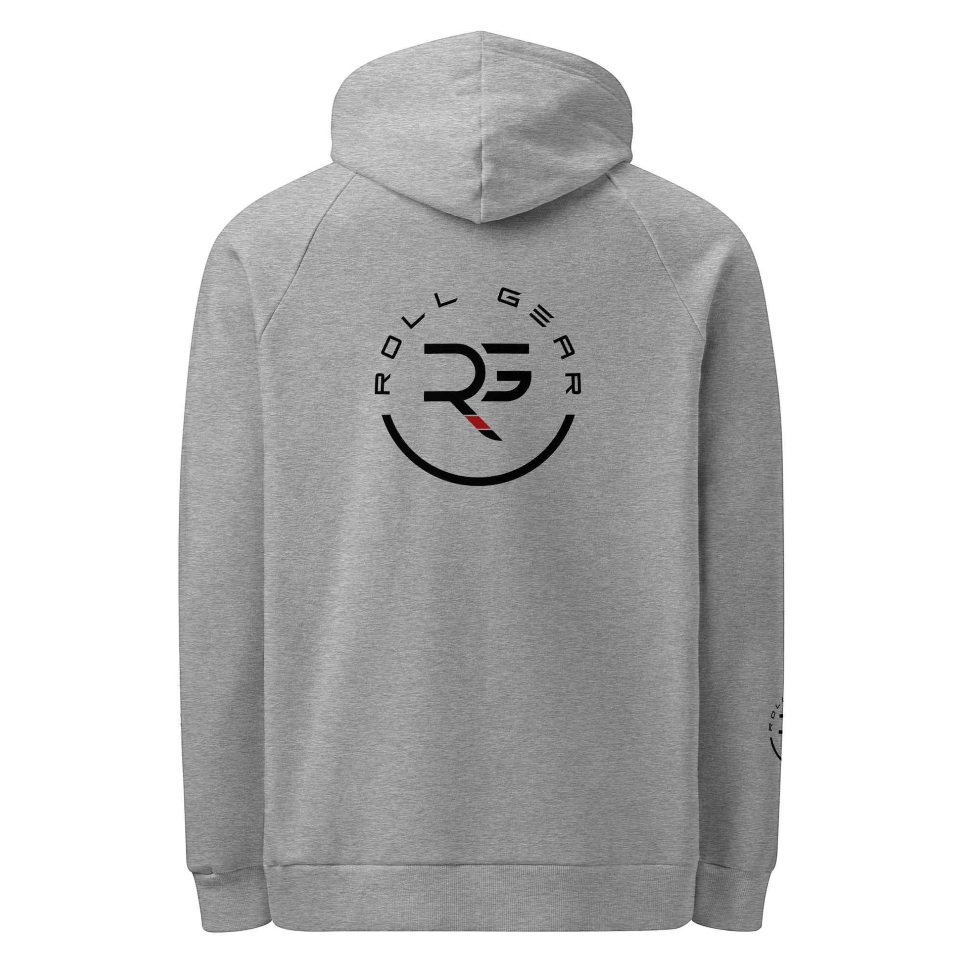 Roll Gear grey cotton-poly blend hoodie with circular logo on back and sleeve