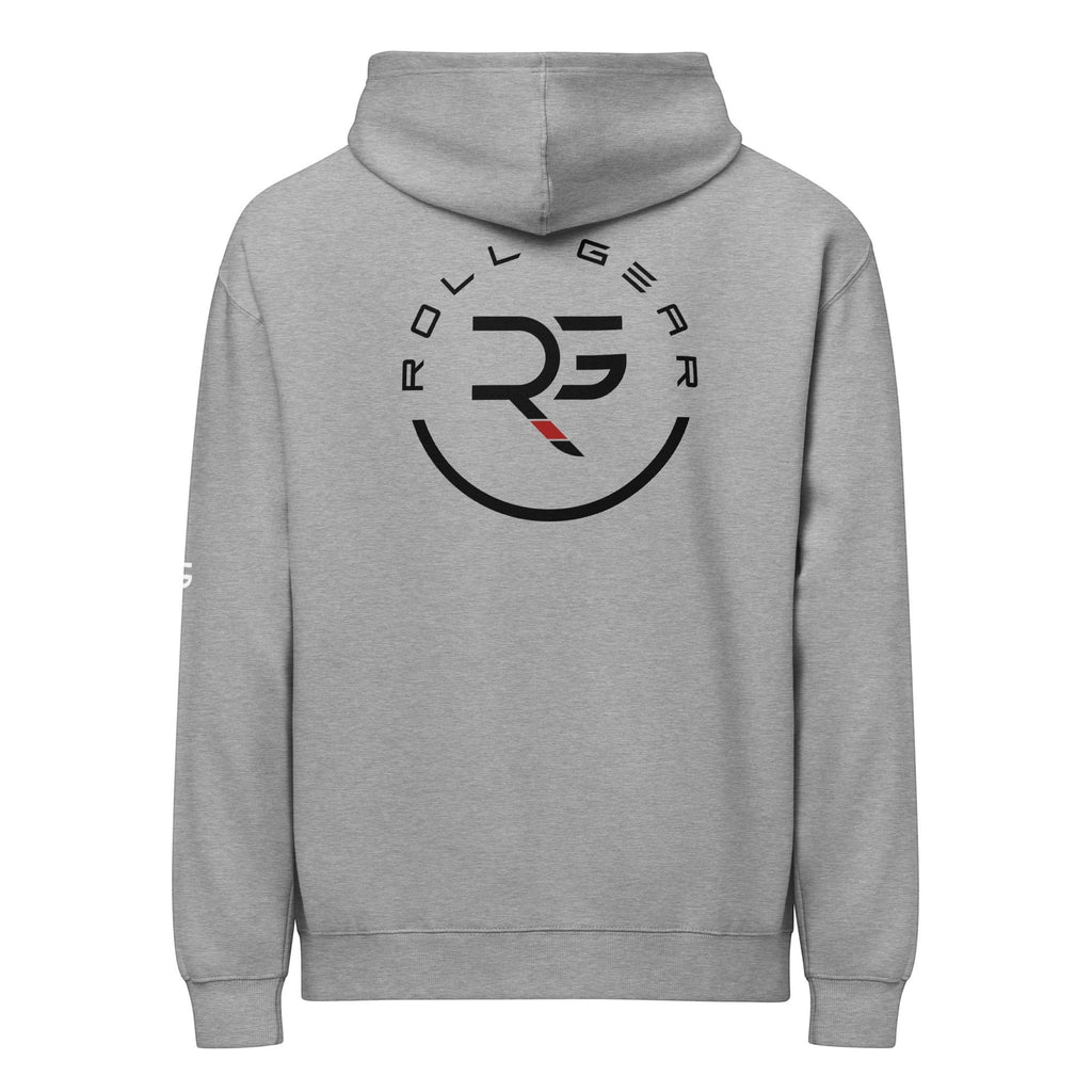 Roll Gear grey cotton blend sweatshirt with circular logo and text on back. Athletic fit.