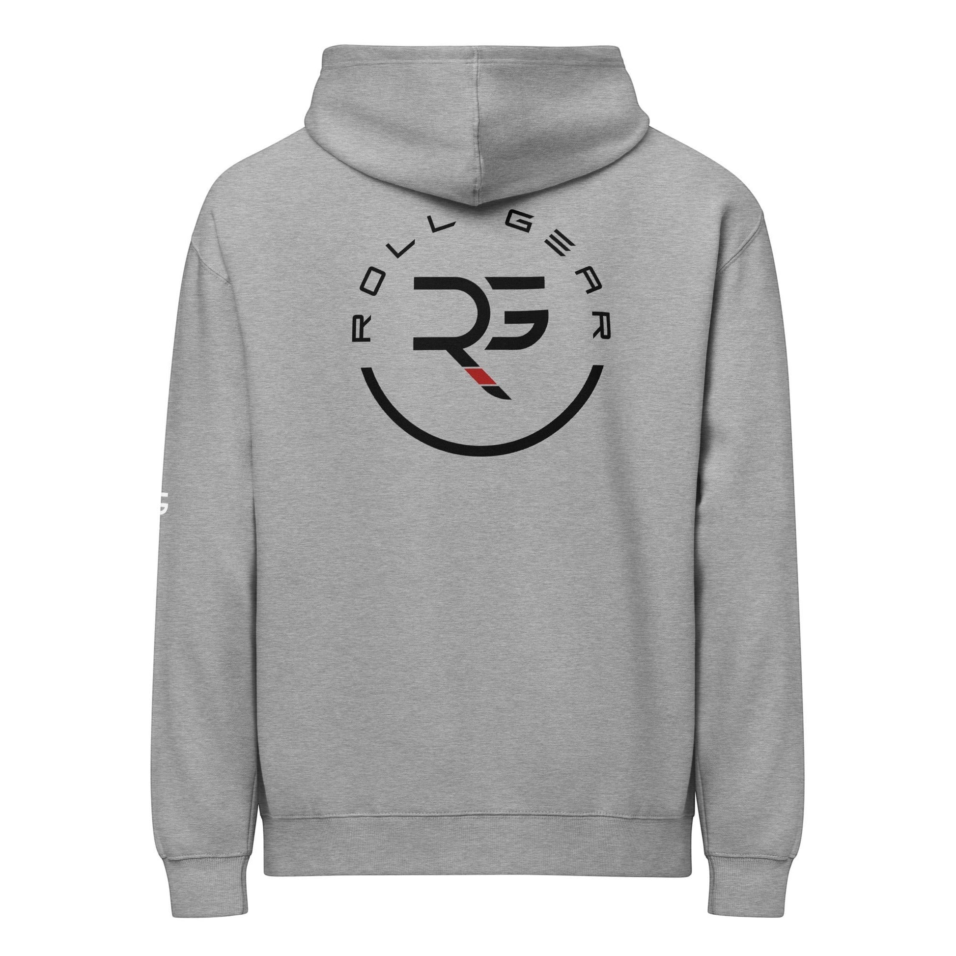Roll Gear grey cotton blend sweatshirt with circular logo and text on back. Athletic fit.