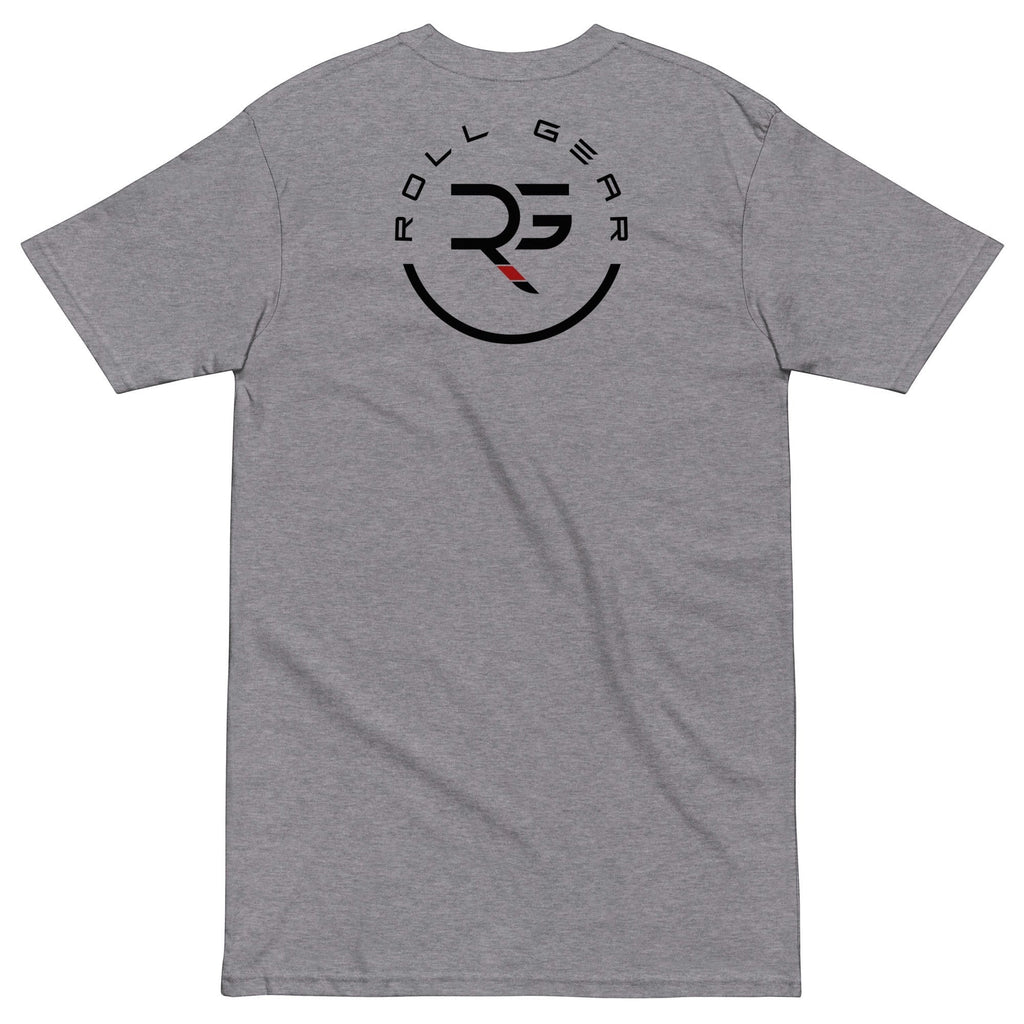 Roll Gear grey 100% cotton heavyweight t-shirt with circular logo and text graphic on back.