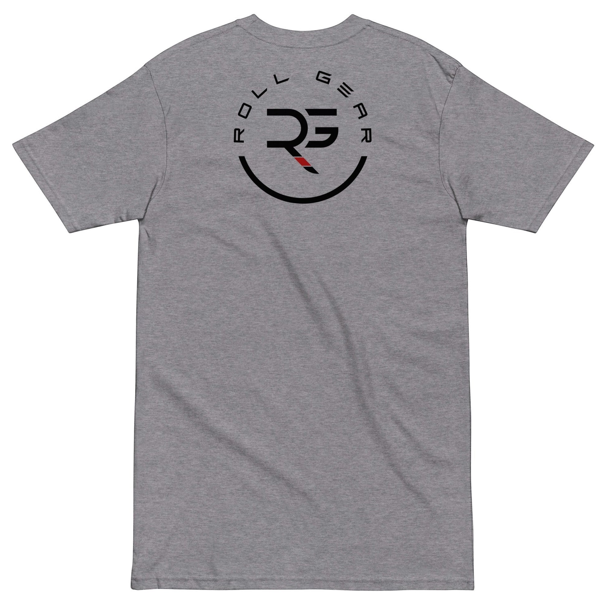 Roll Gear grey 100% cotton heavyweight t-shirt with circular logo and text graphic on back.