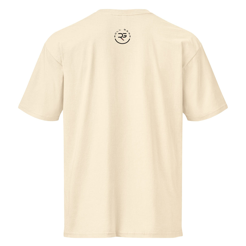 Roll Gear heavyweight cotton t-shirt in cream with a graphic logo on the back. Relaxed fit, drop shoulder sleeves.