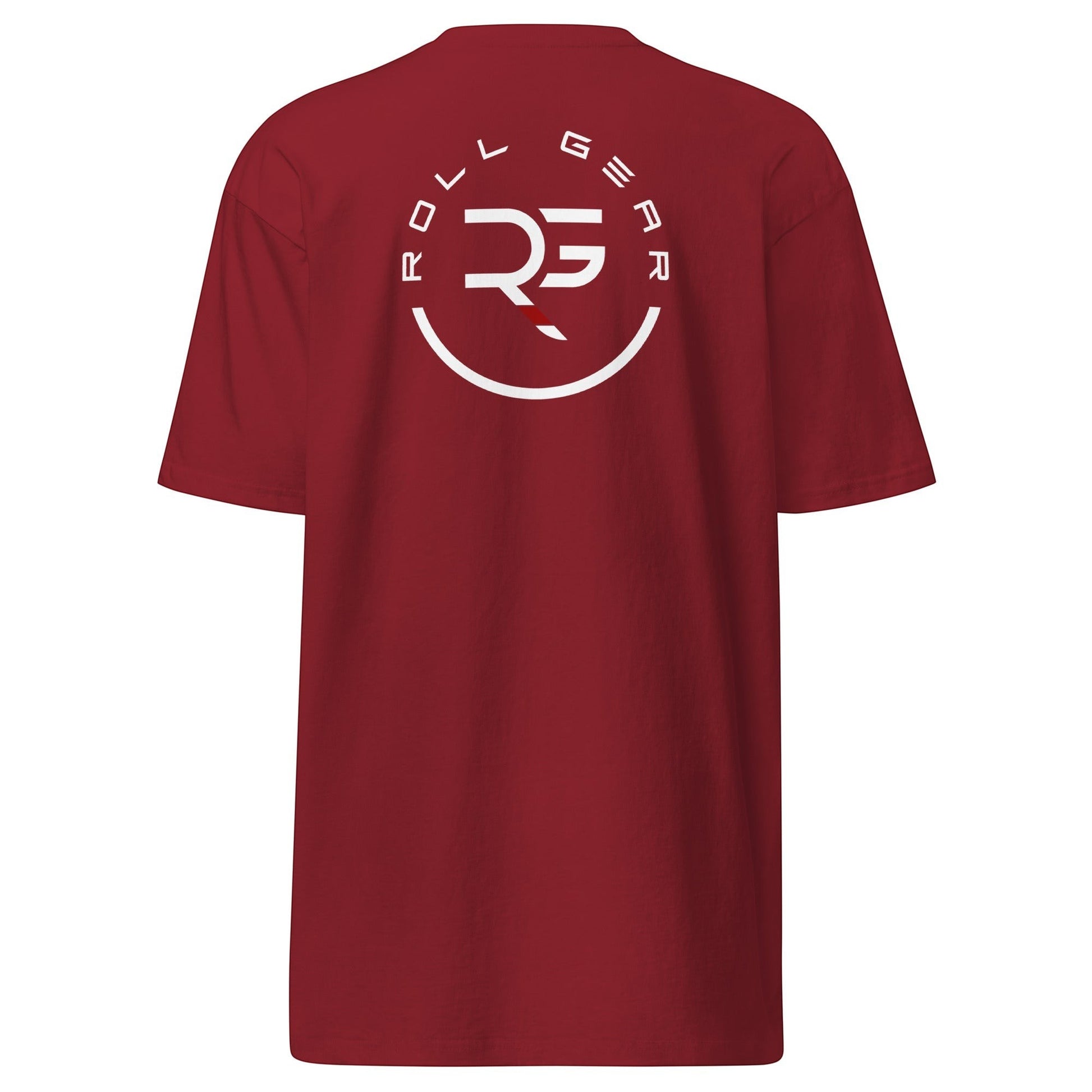 Roll Gear men's heavyweight cotton t-shirt in dark red with a white circular logo on the back.