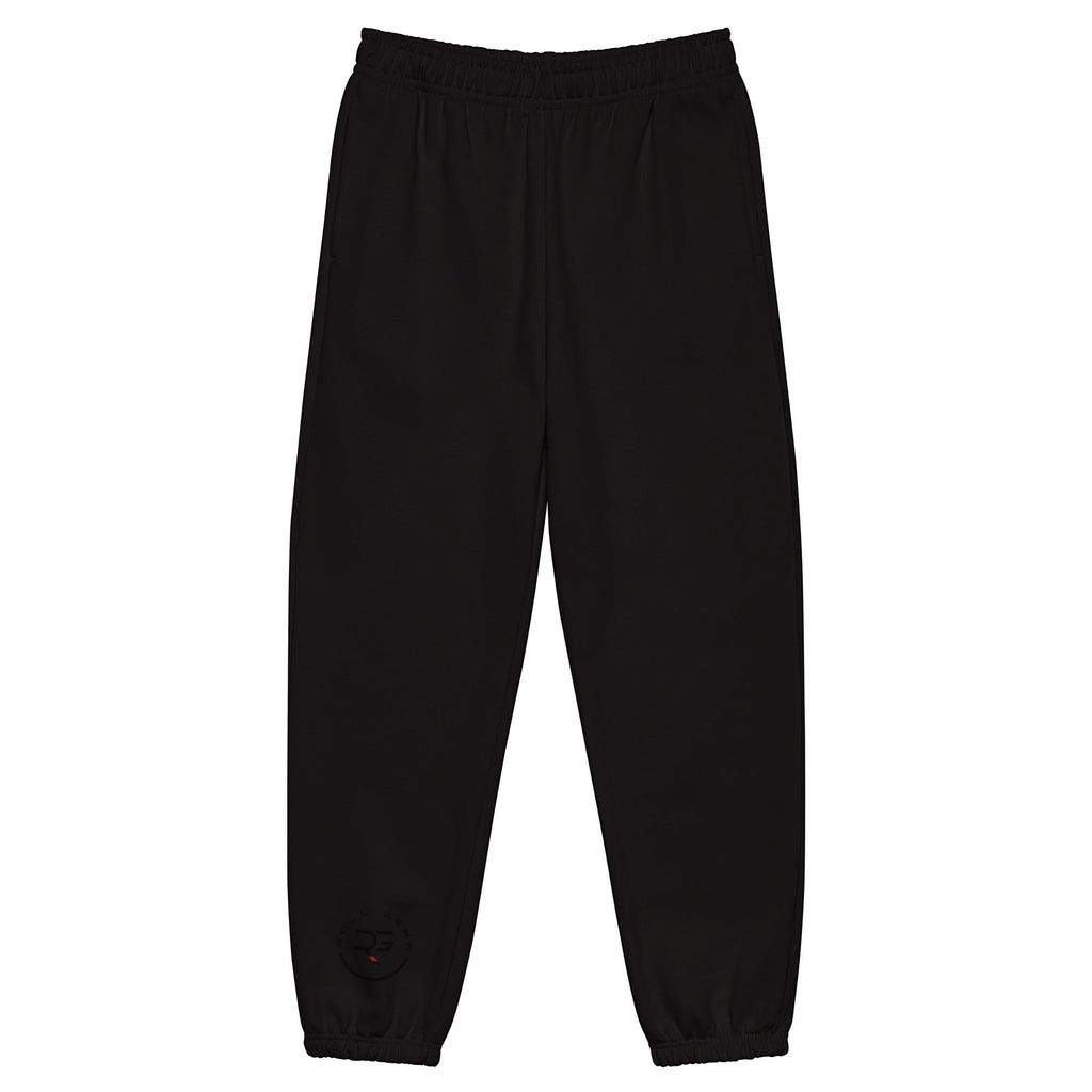 Roll Gear™ black heavyweight cotton-poly fleece joggers with elastic cuffs and subtle logo detail on left leg.