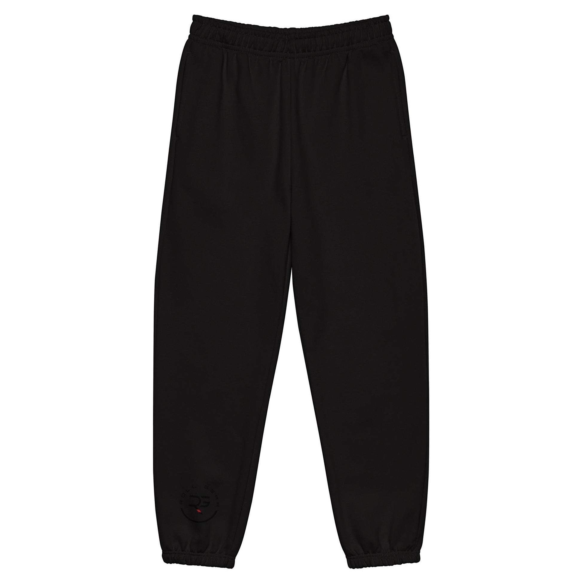 Roll Gear™ black heavyweight cotton-poly fleece joggers with elastic cuffs and subtle logo detail on left leg.