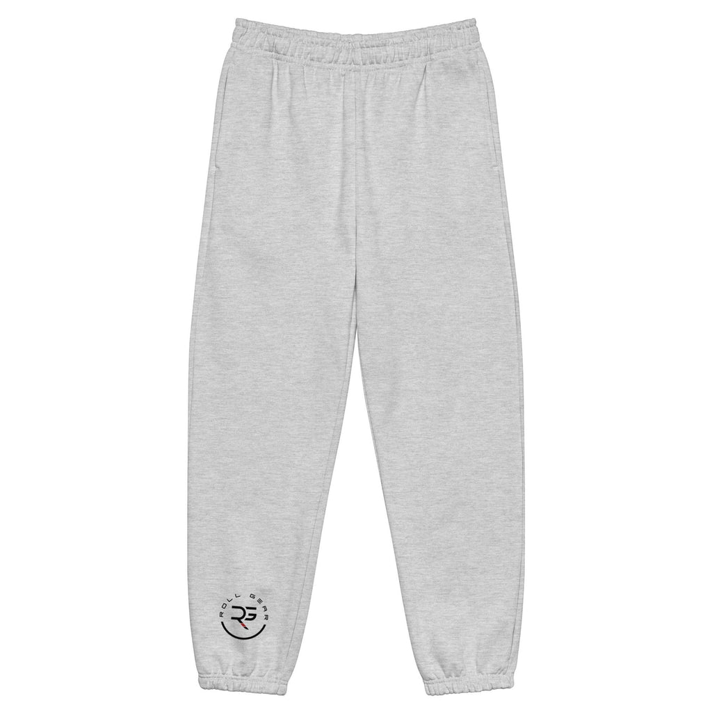 Roll Gear™ light grey heavyweight cotton-poly fleece joggers with elastic waistband, cuffs, and subtle logo detail on left leg.