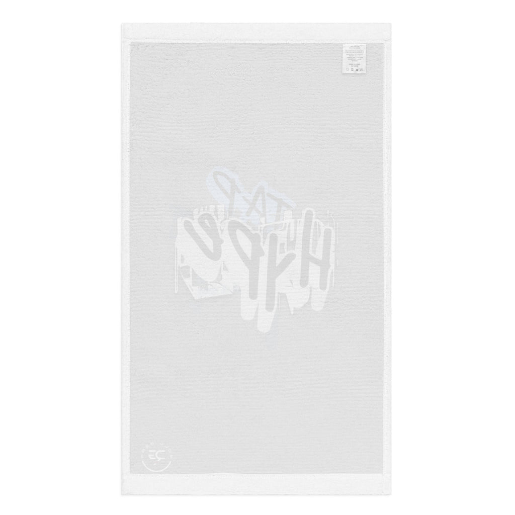 Roll Gear HYPE Training Towel with graffiti print on front and absorbent white cotton back. 52% polyester, 48% cotton.