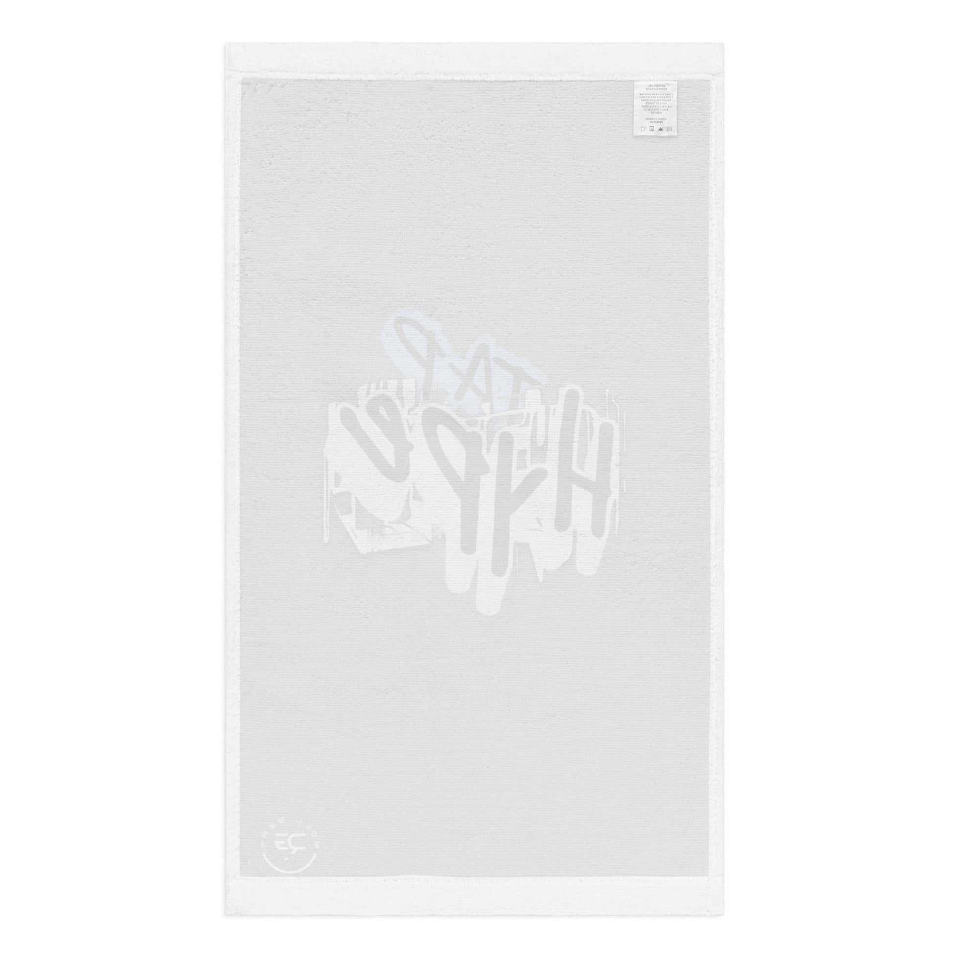 Roll Gear HYPE Training Towel with graffiti print on front and absorbent white cotton back. 52% polyester, 48% cotton.