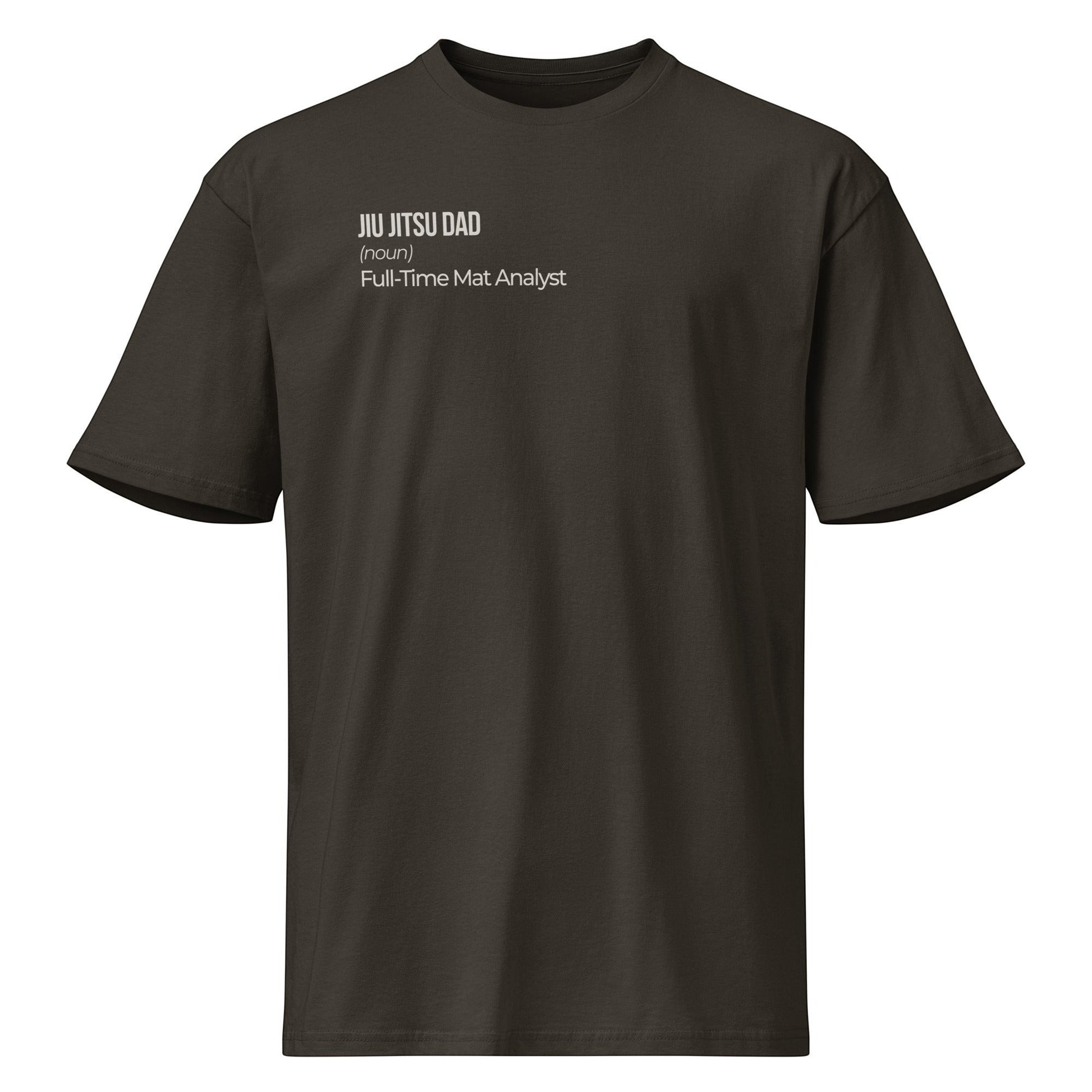 Roll Gear Jiu Jitsu Dad definition tee in black 100% cotton. Features "Jiu Jitsu Dad (noun) Full-Time Mat Analyst" text.