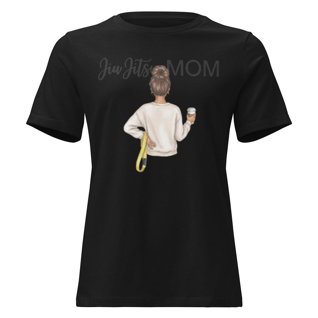 Roll Gear Jiu Jitsu Mom graphic tee, black, 100% cotton, relaxed fit, crew neck, featuring illustration of woman with coffee.