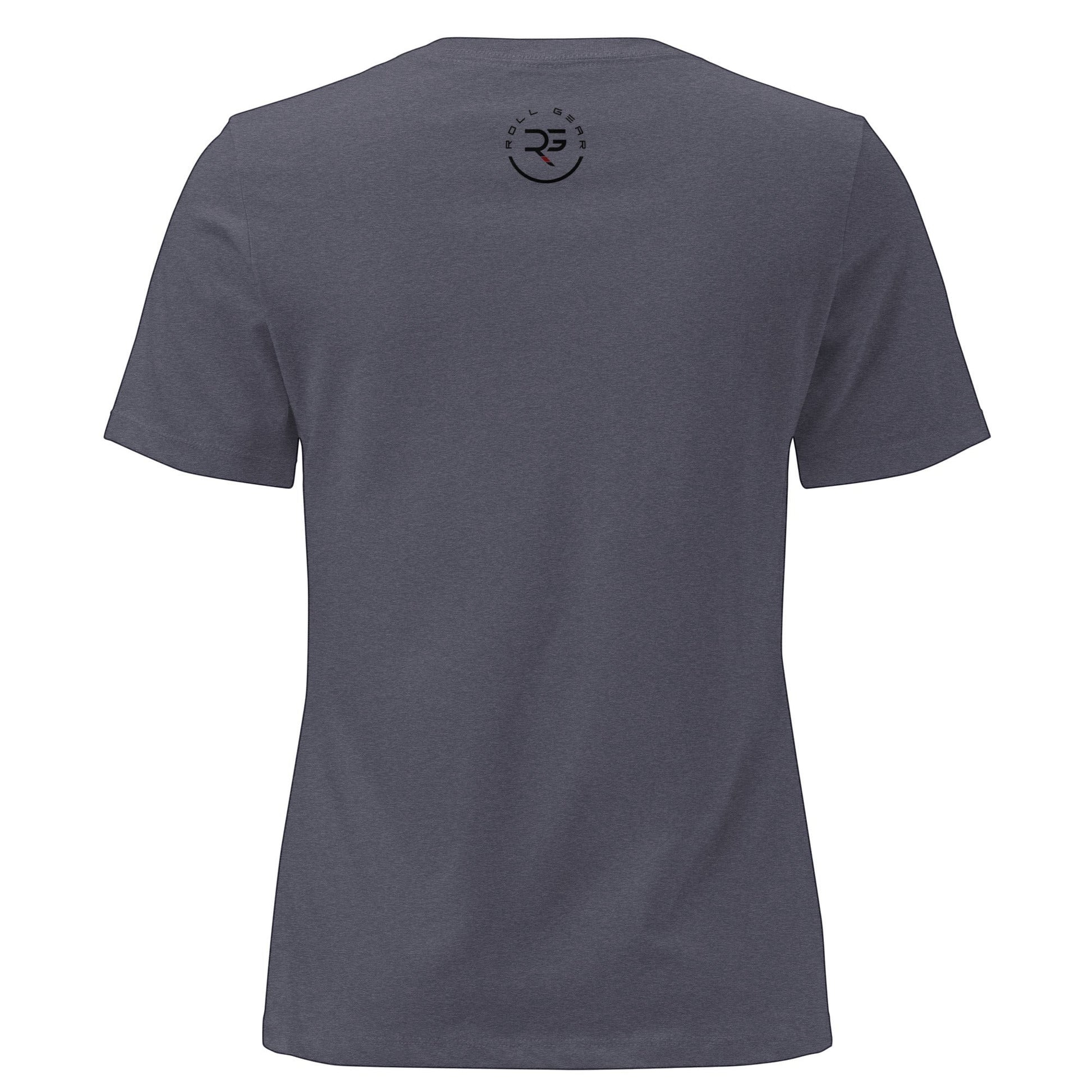 Roll Gear women's relaxed fit dark heather grey crew neck t-shirt with graphic logo on back.
